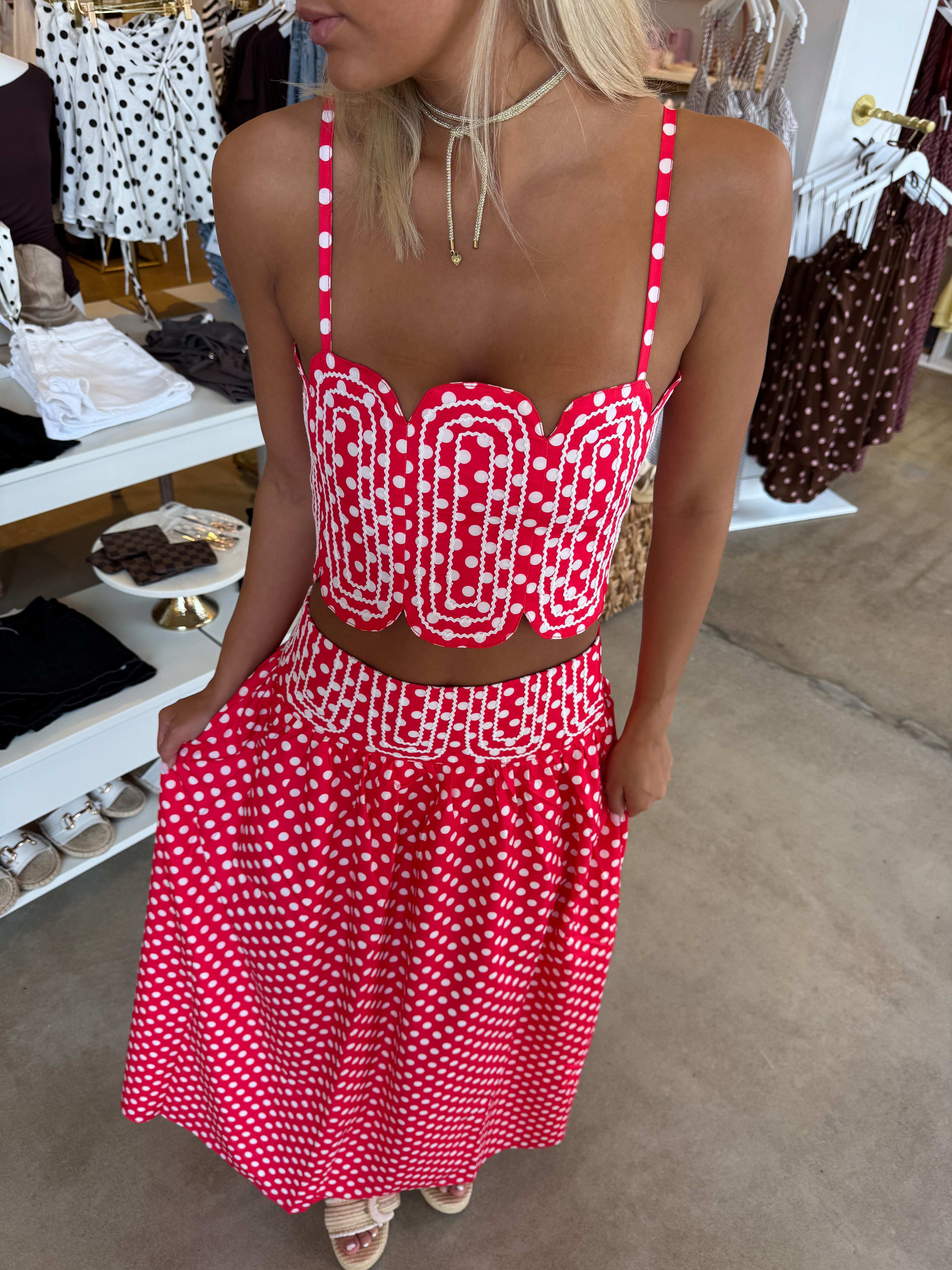 Southern Grace Embroidered Top & Midi Skirt Set - Red/WhitePolka Dot