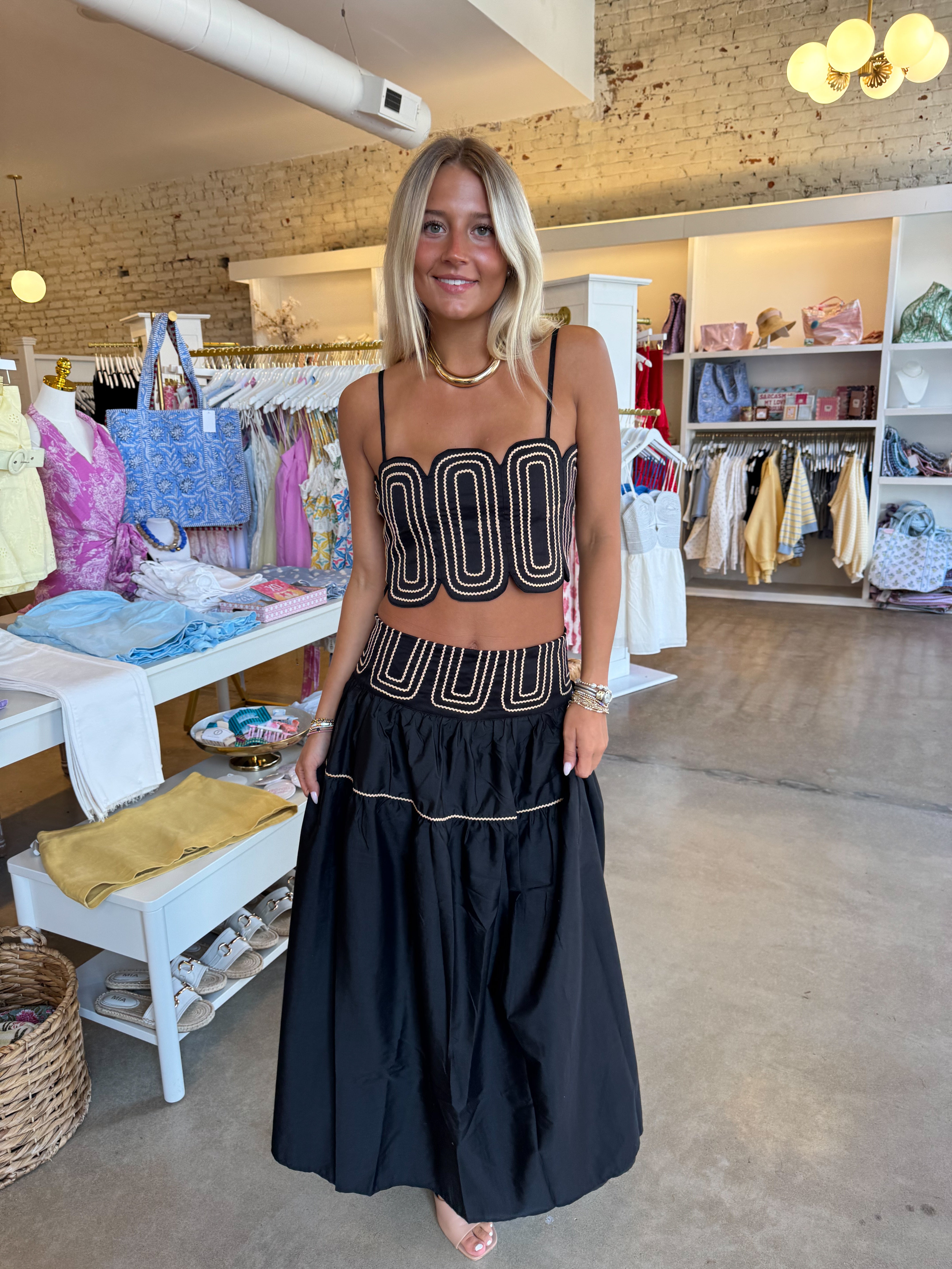 Southern Grace Embroidered Top & Midi Skirt Set - Black/Gold