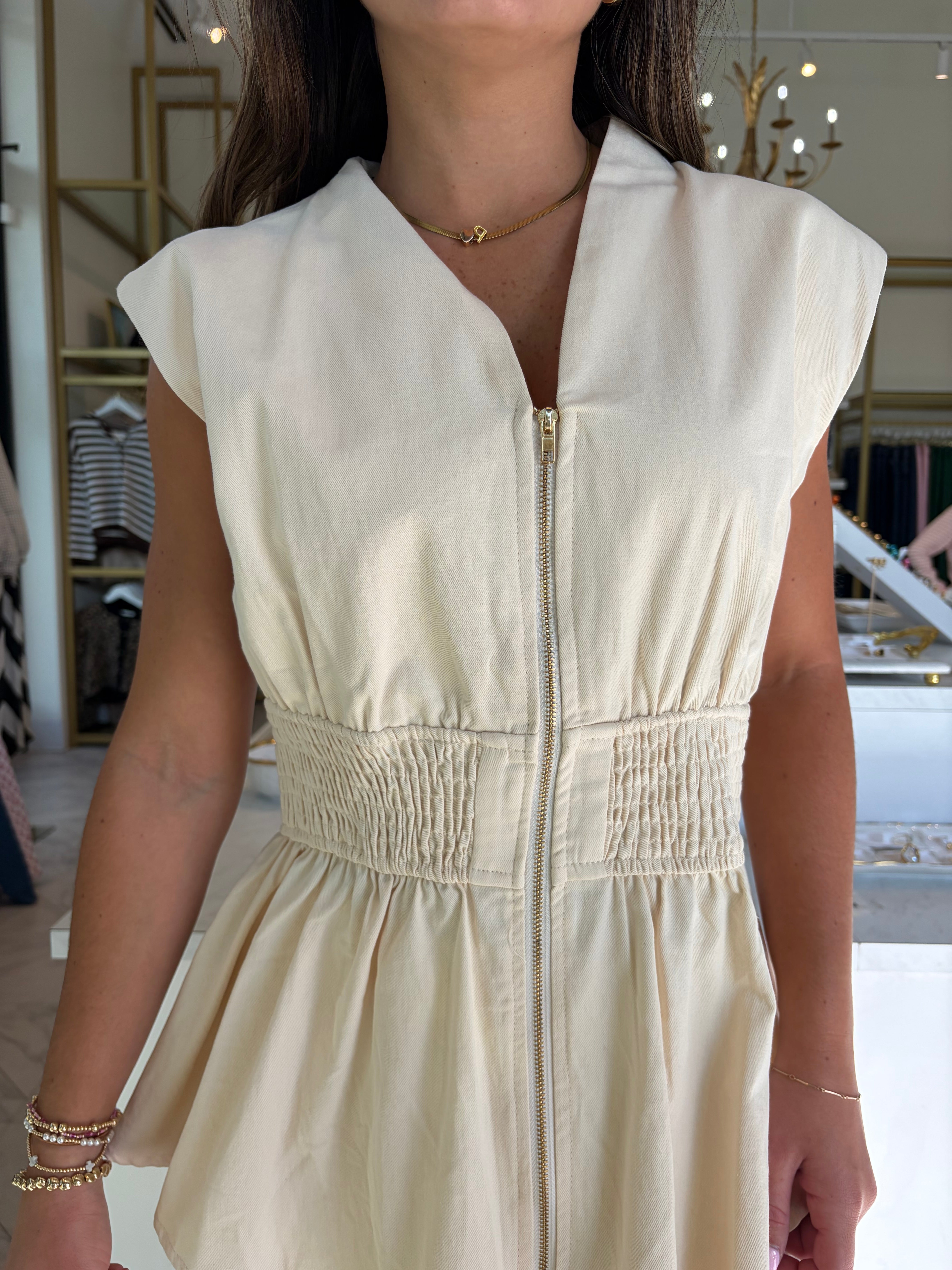 Maddison Zip Up Denim Top - Cream