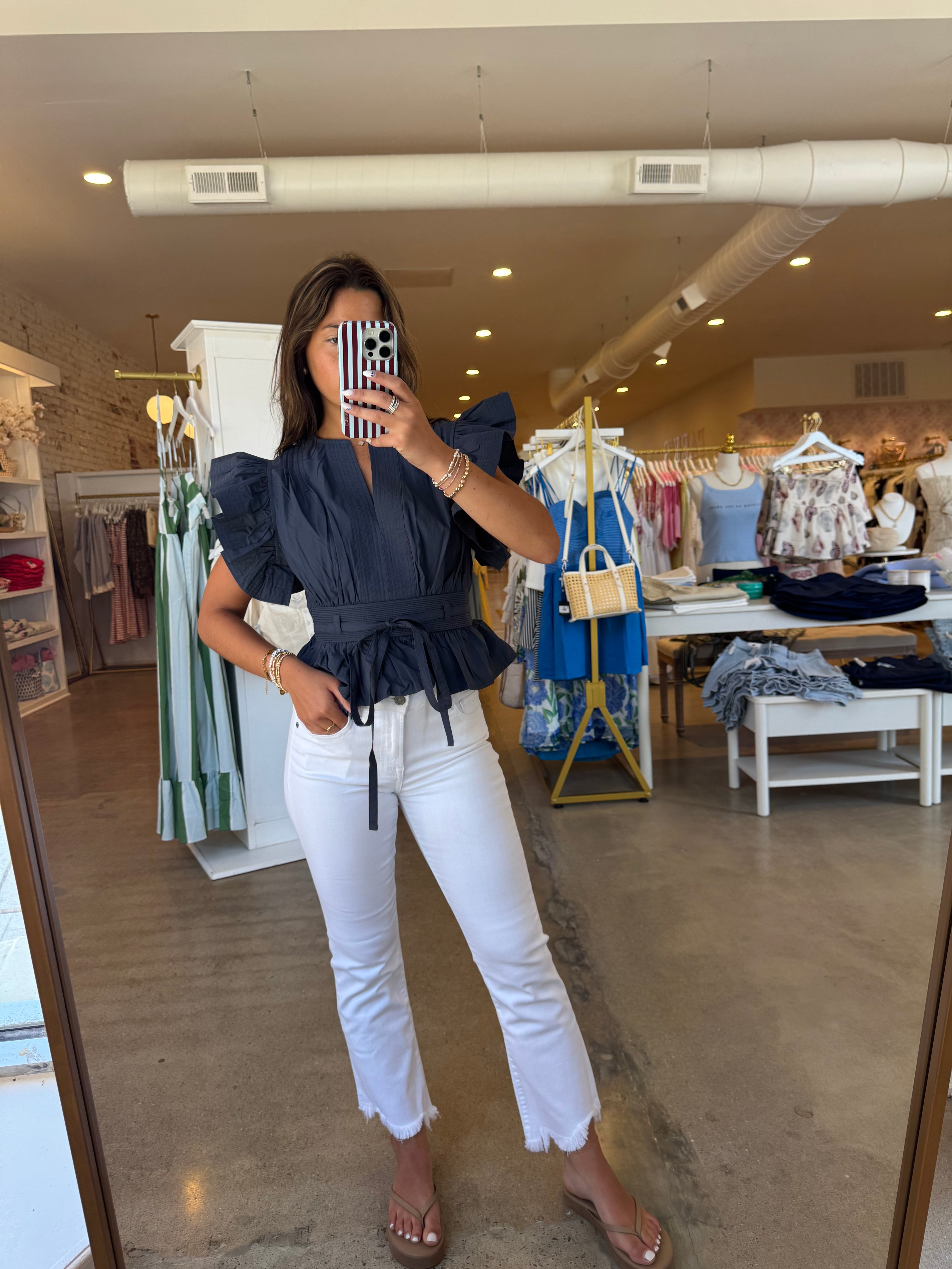 Tate Ruffle Poplin Top - Navy