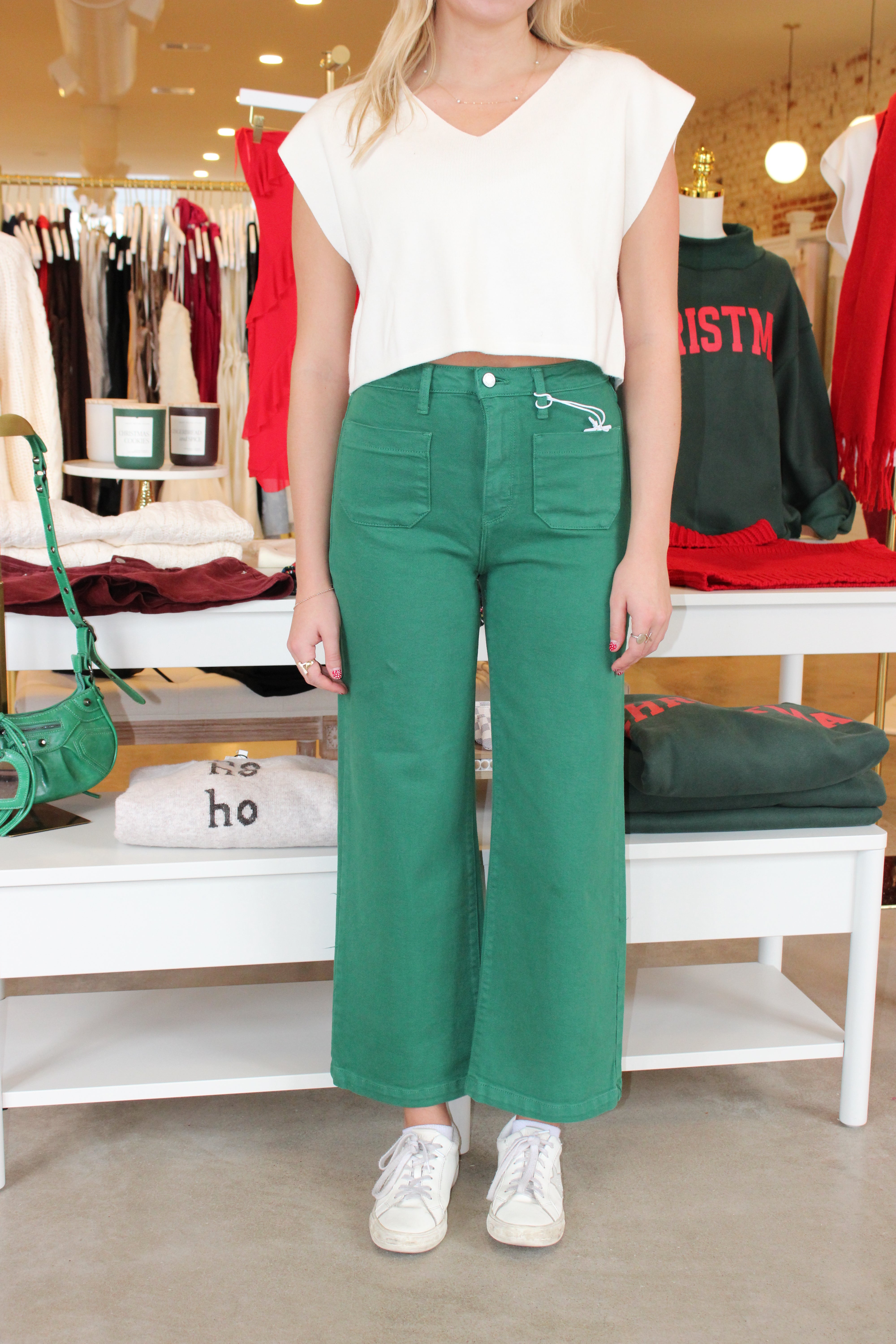 Annie Patch Pocket Wide Leg Pants - Green