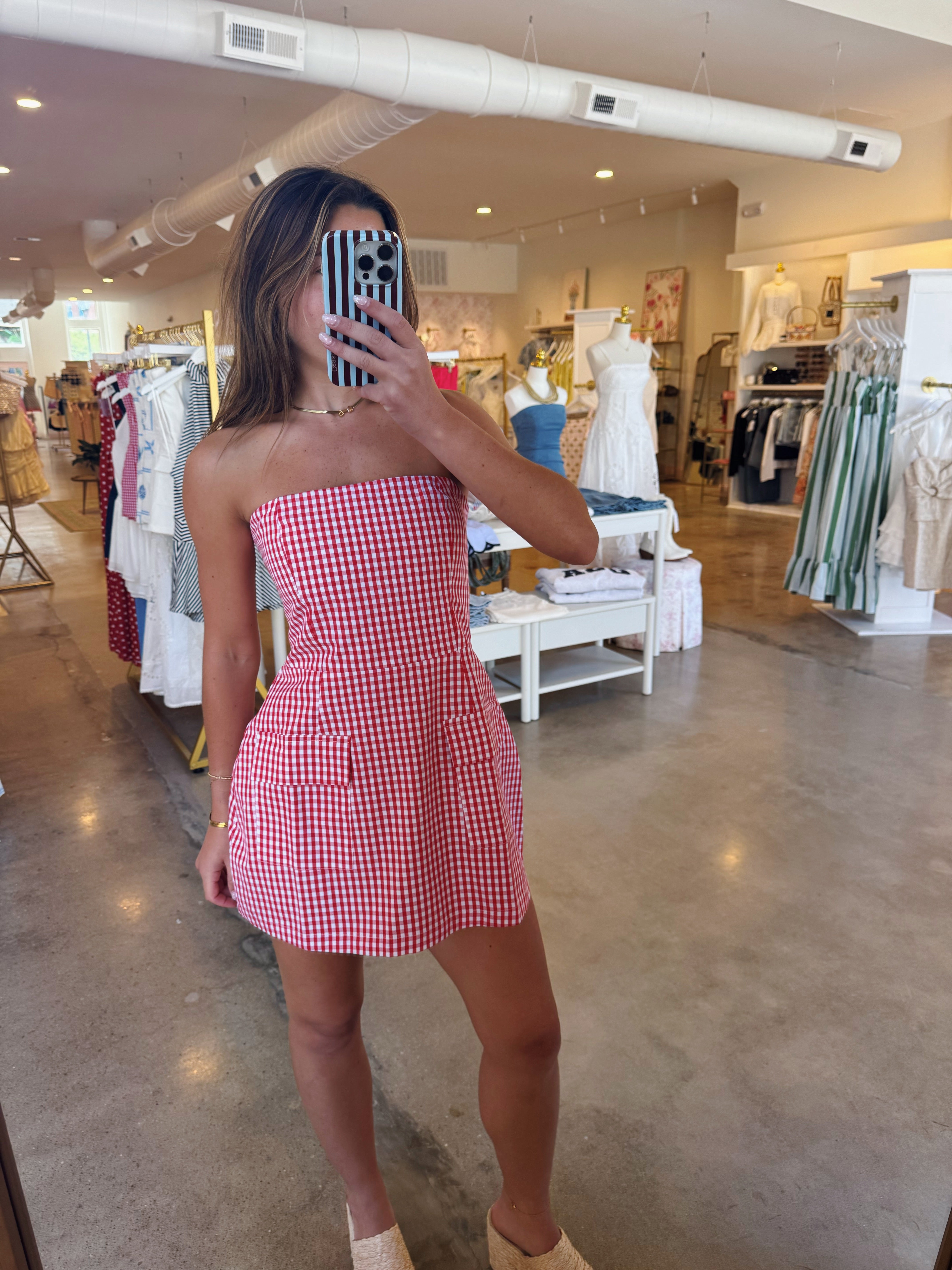 Firecracker Front Pockets Mini Dress - Red Gingham