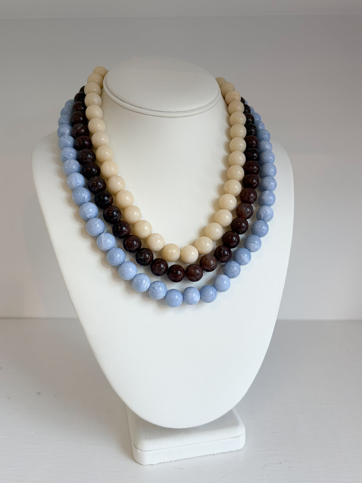 3 Layer Bead Necklace - Brown/Light Blue/Cream