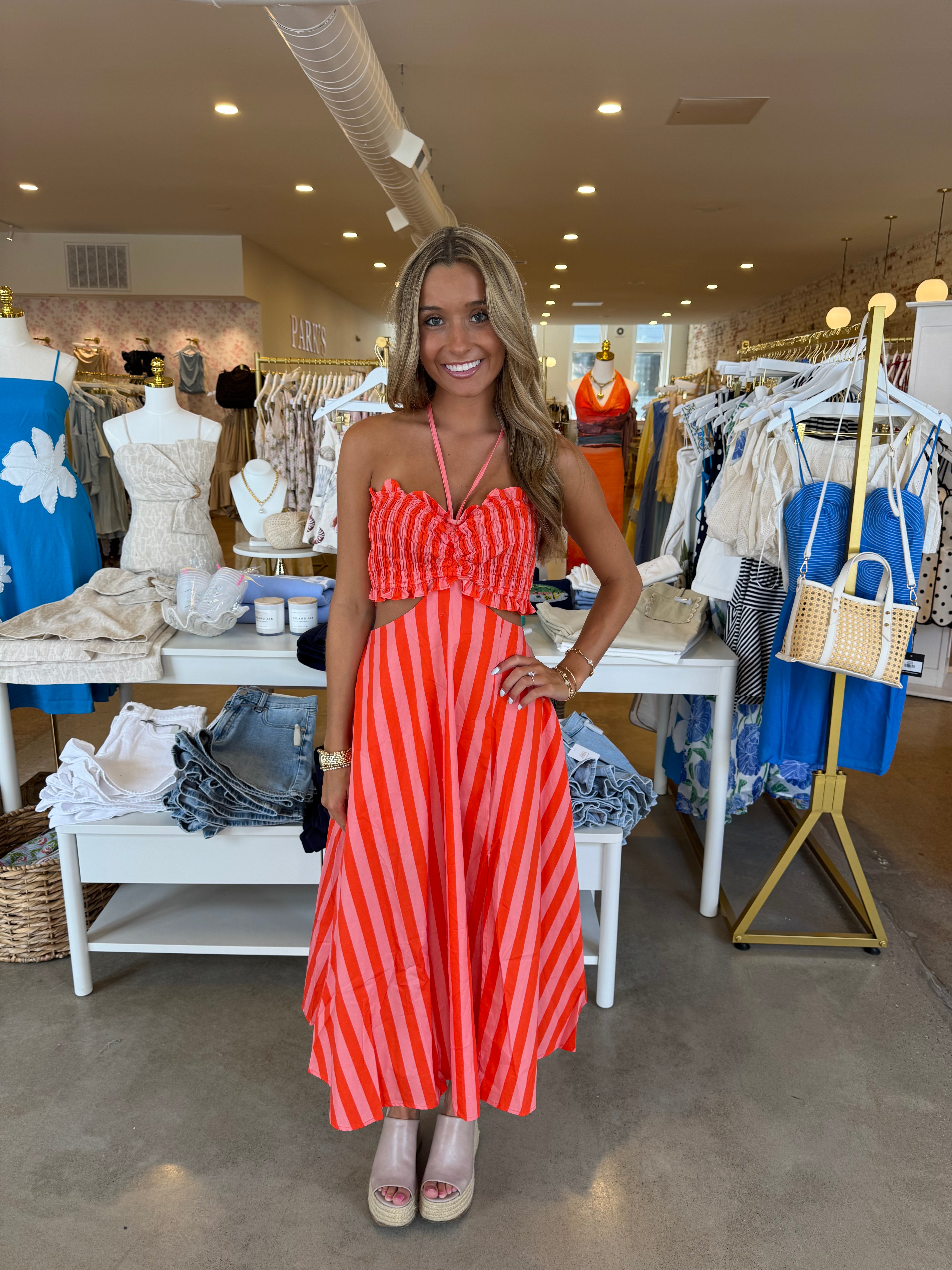 St. Tropez Midi Dress - Orange/Pink Stripe