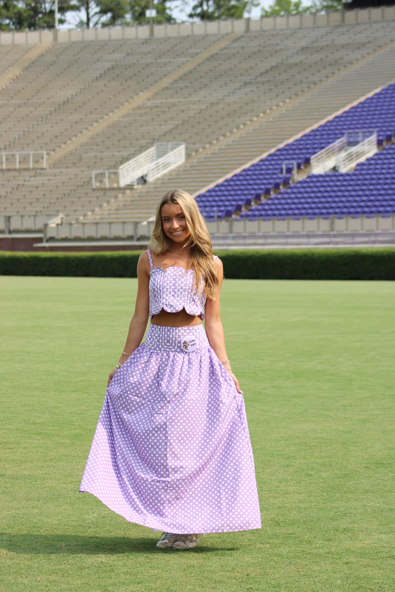 Southern Grace Embroidered Top & Midi Skirt Set - Lavender/WhitePolka Dot