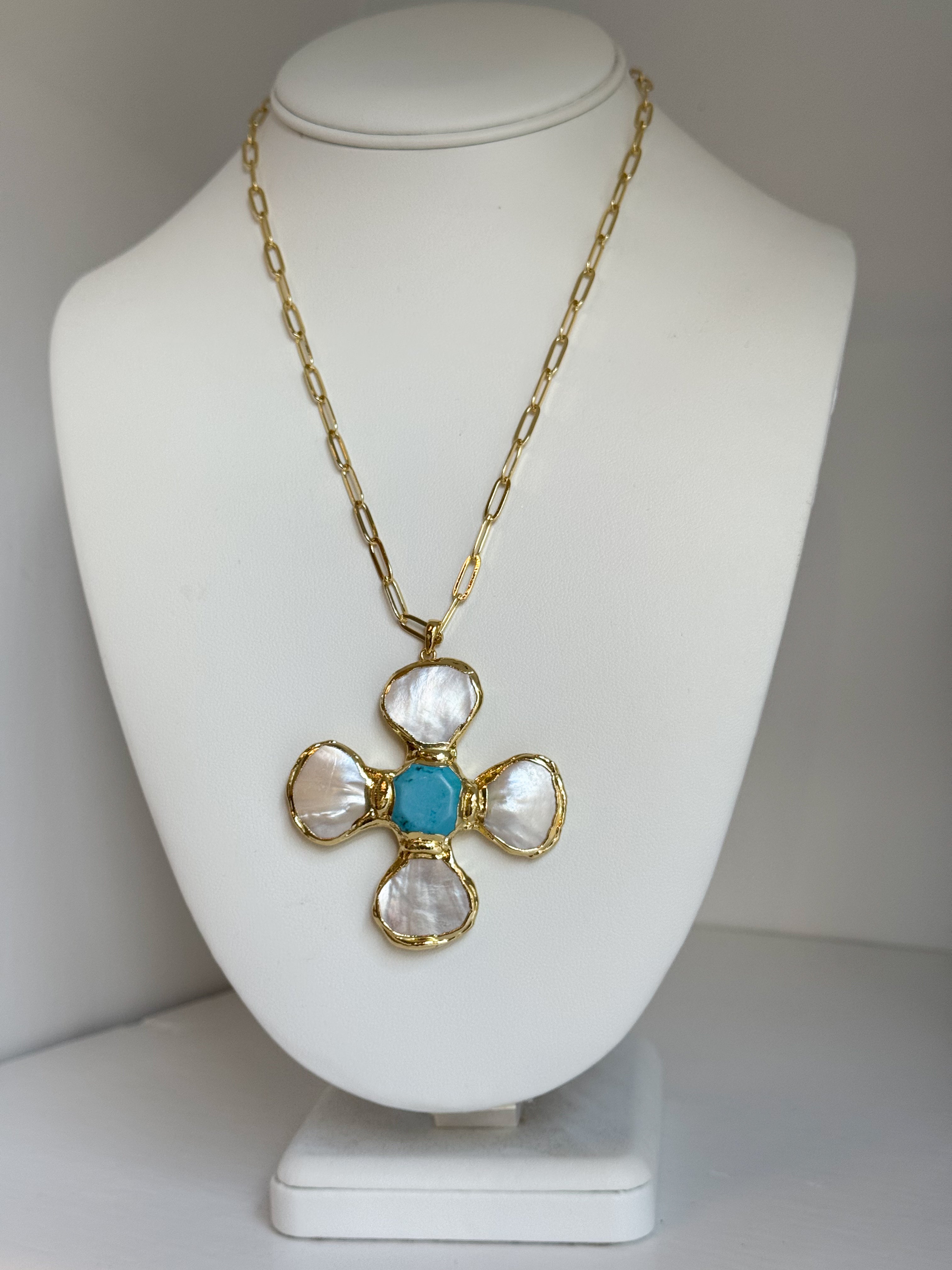 Isa Baroque Pearl & Stone Pendant Necklace - Turquoise/Cream - Water Resistant