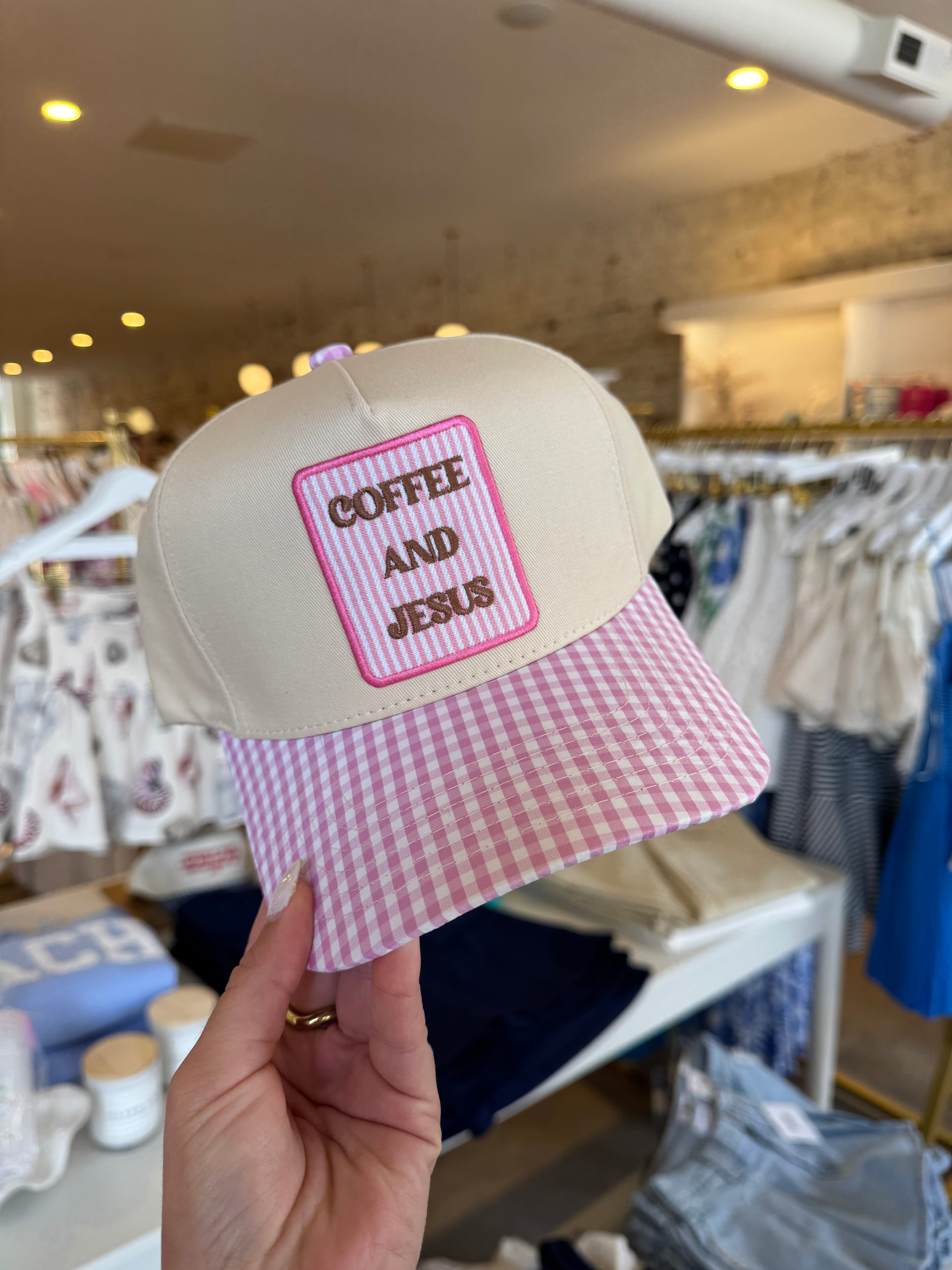 Coffee And Jesus Embroidered Trucker Hat - Pink