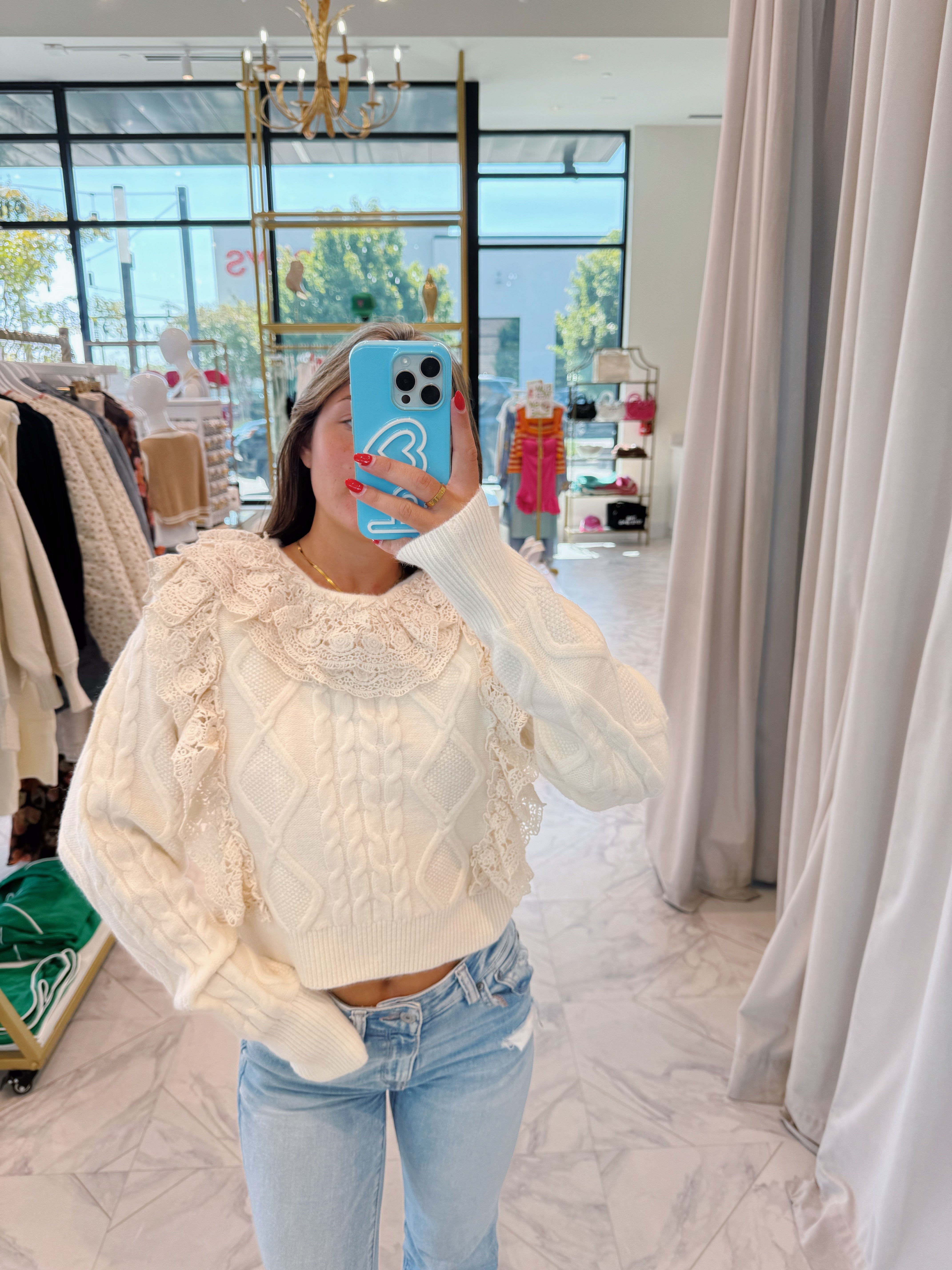 Warm Thoughts Ruffled Lace Sweater - Cream