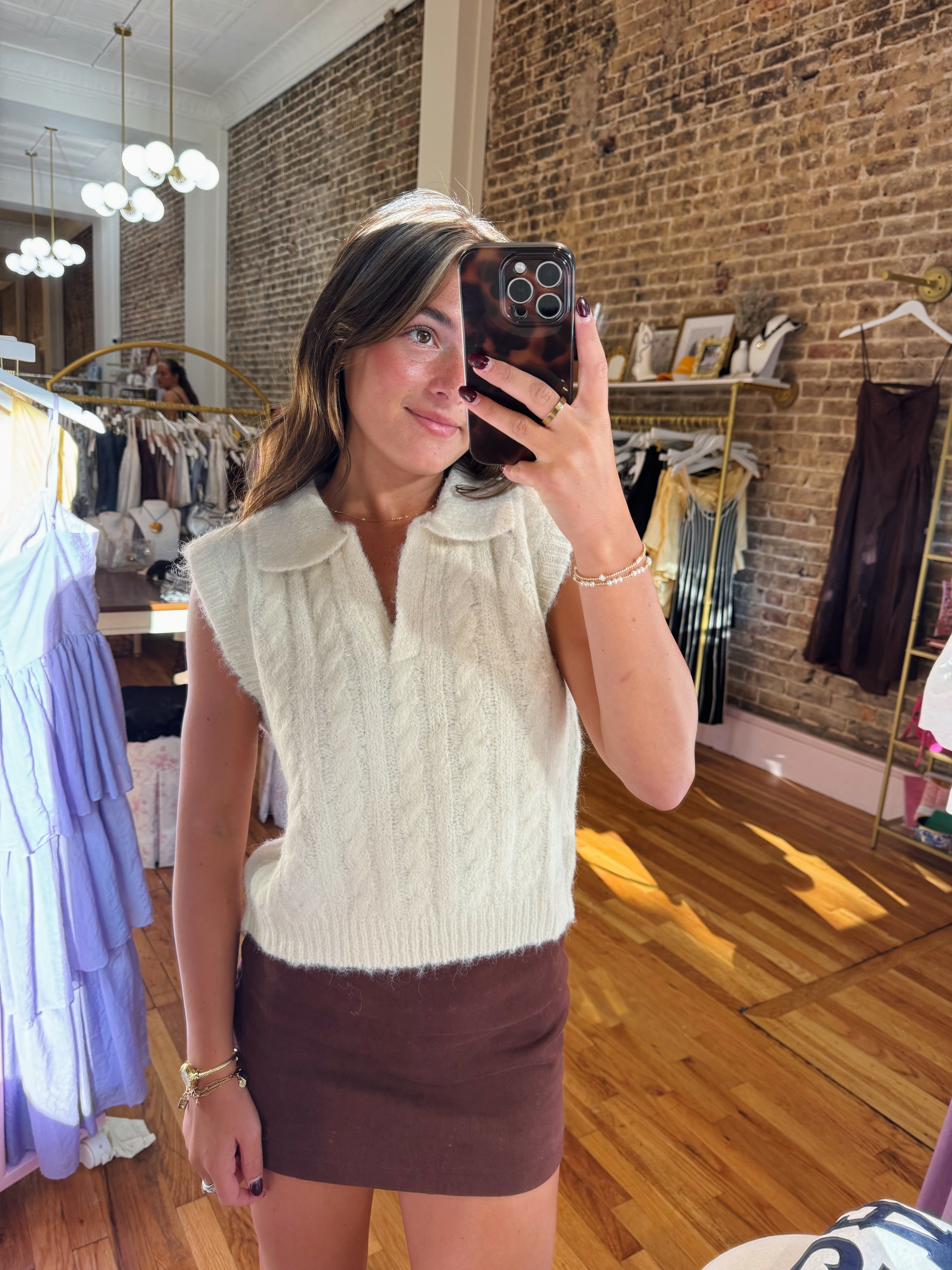 Ciera Fuzzy Collared Vest Top - Ivory