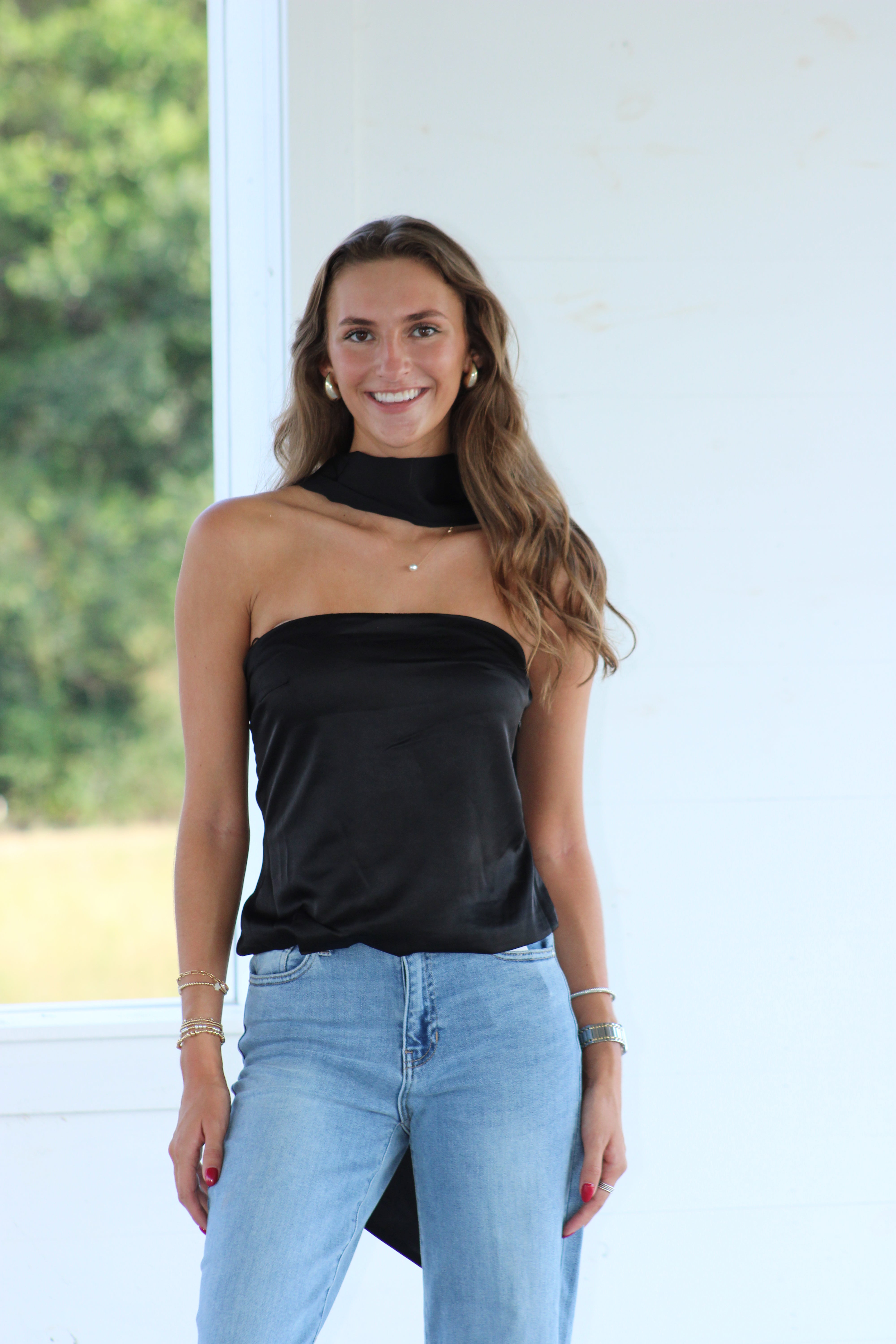 Alisia Satin Top With Scarf - Black