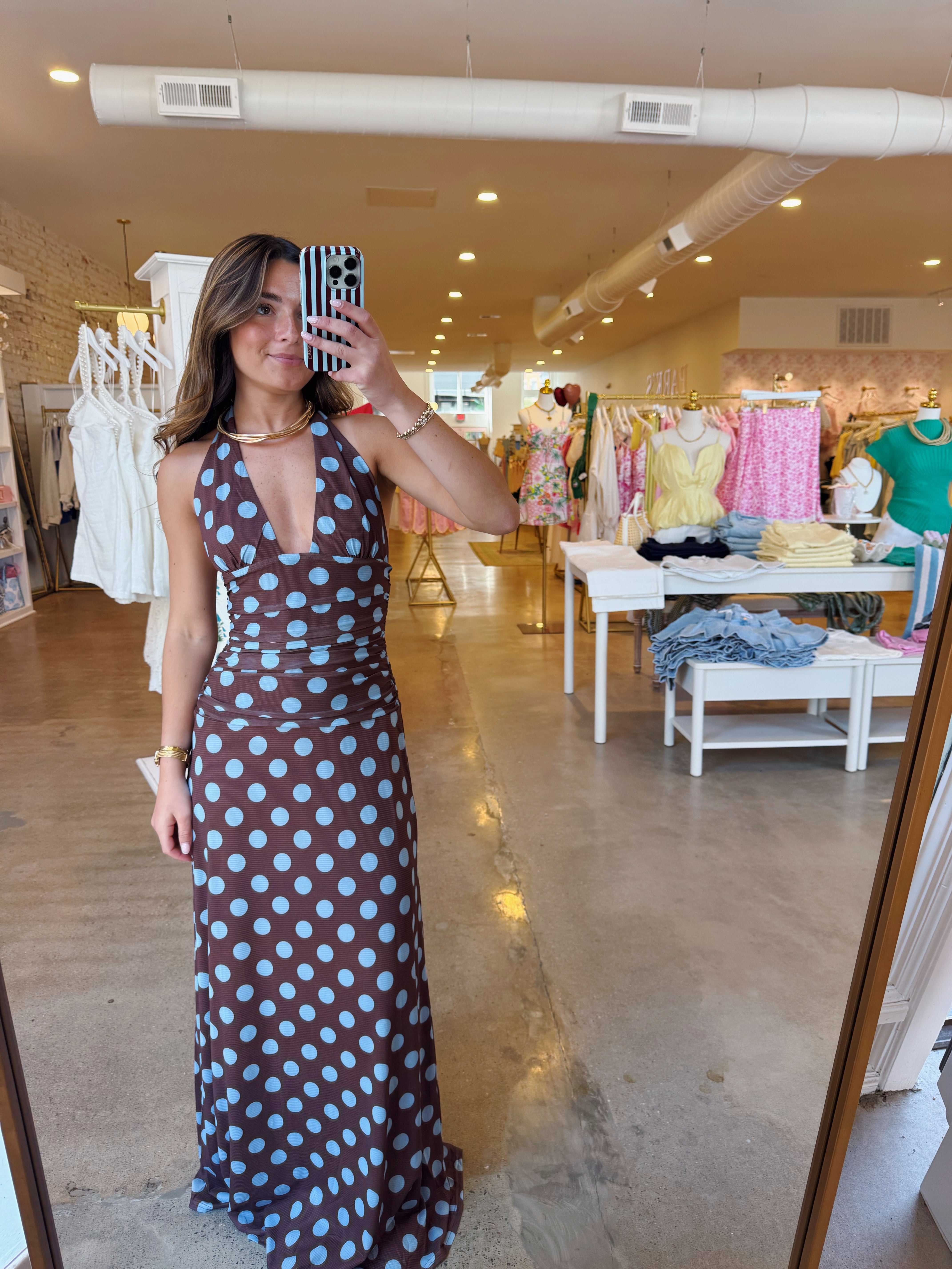 All Summer Long Halter Maxi Dress - Brown Blue Polka Dot