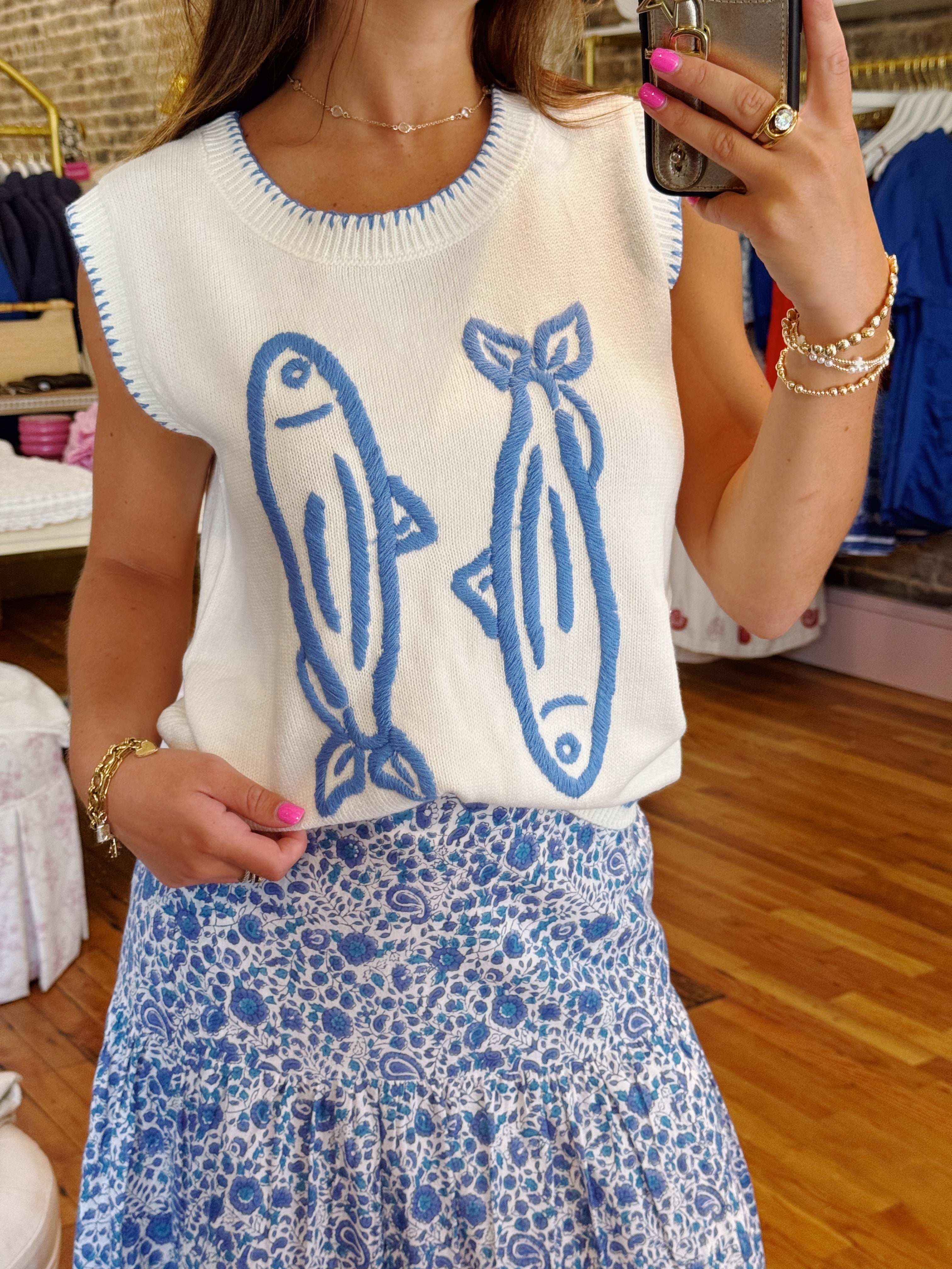 Best Catch Knit Sweater Vest - White & Blue