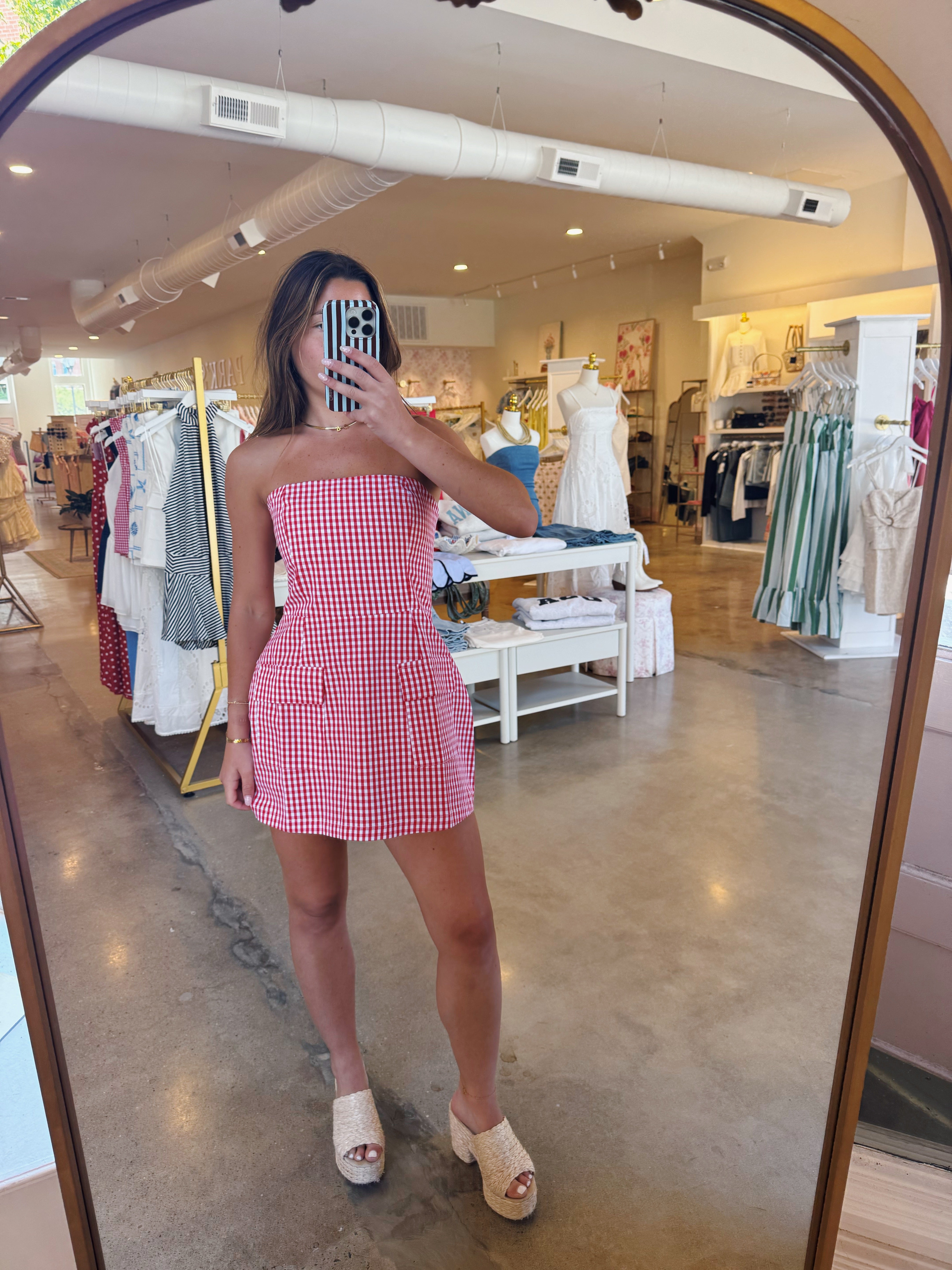 Firecracker Front Pockets Mini Dress - Red Gingham
