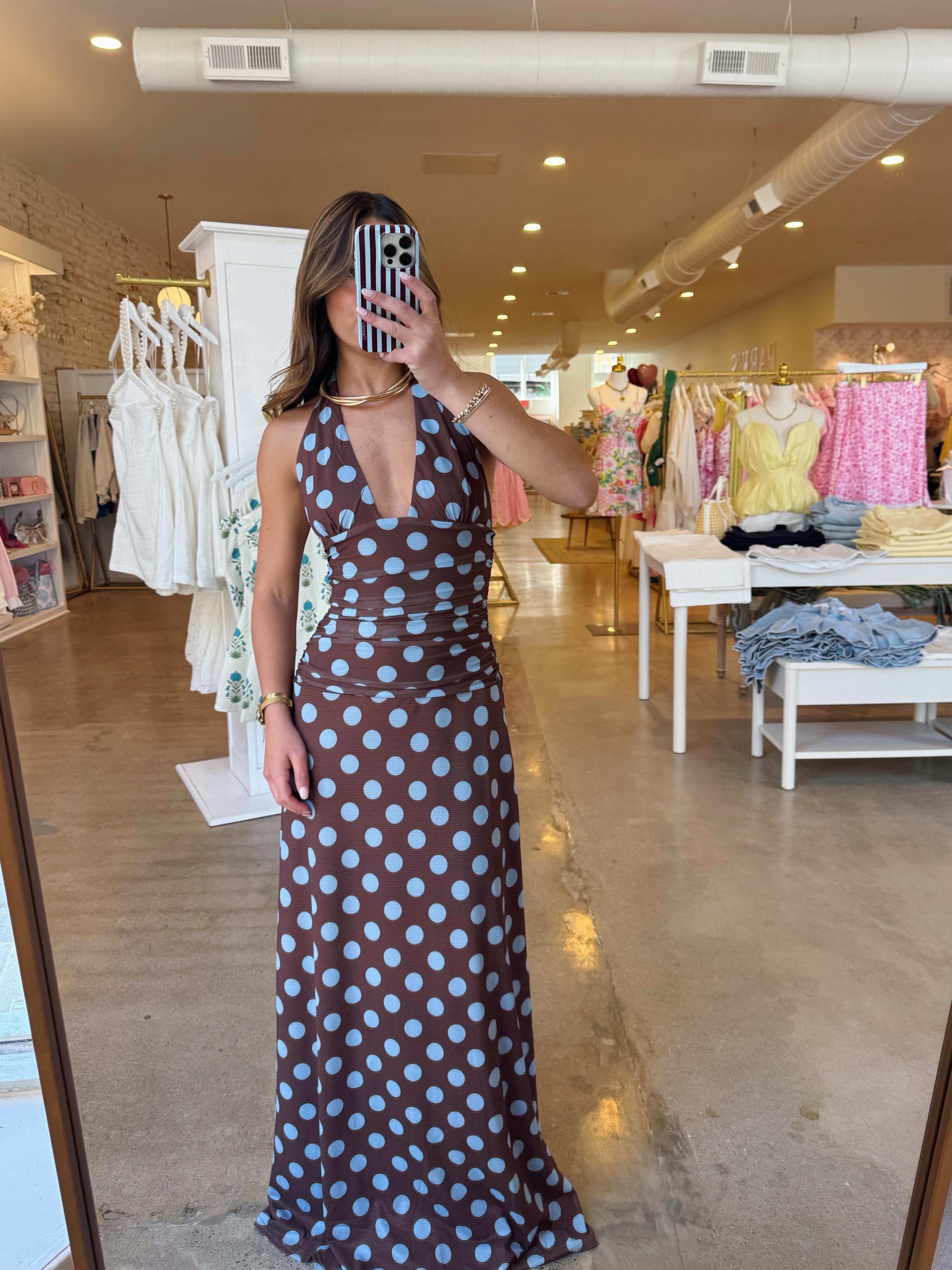 All Summer Long Halter Maxi Dress - Brown Blue Polka Dot