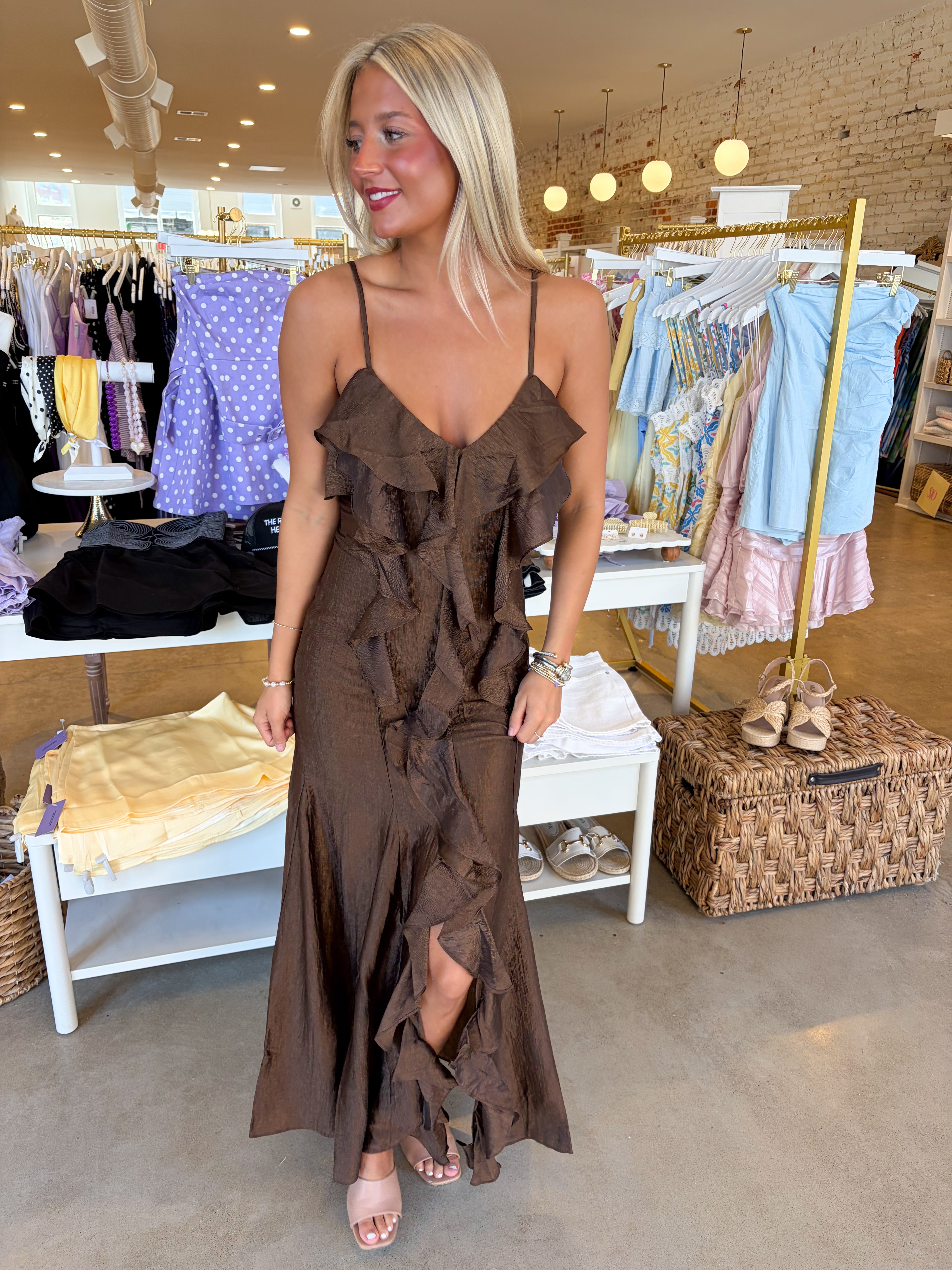 Soul Seeker Ruffle Maxi Dress - Brown Shimmer