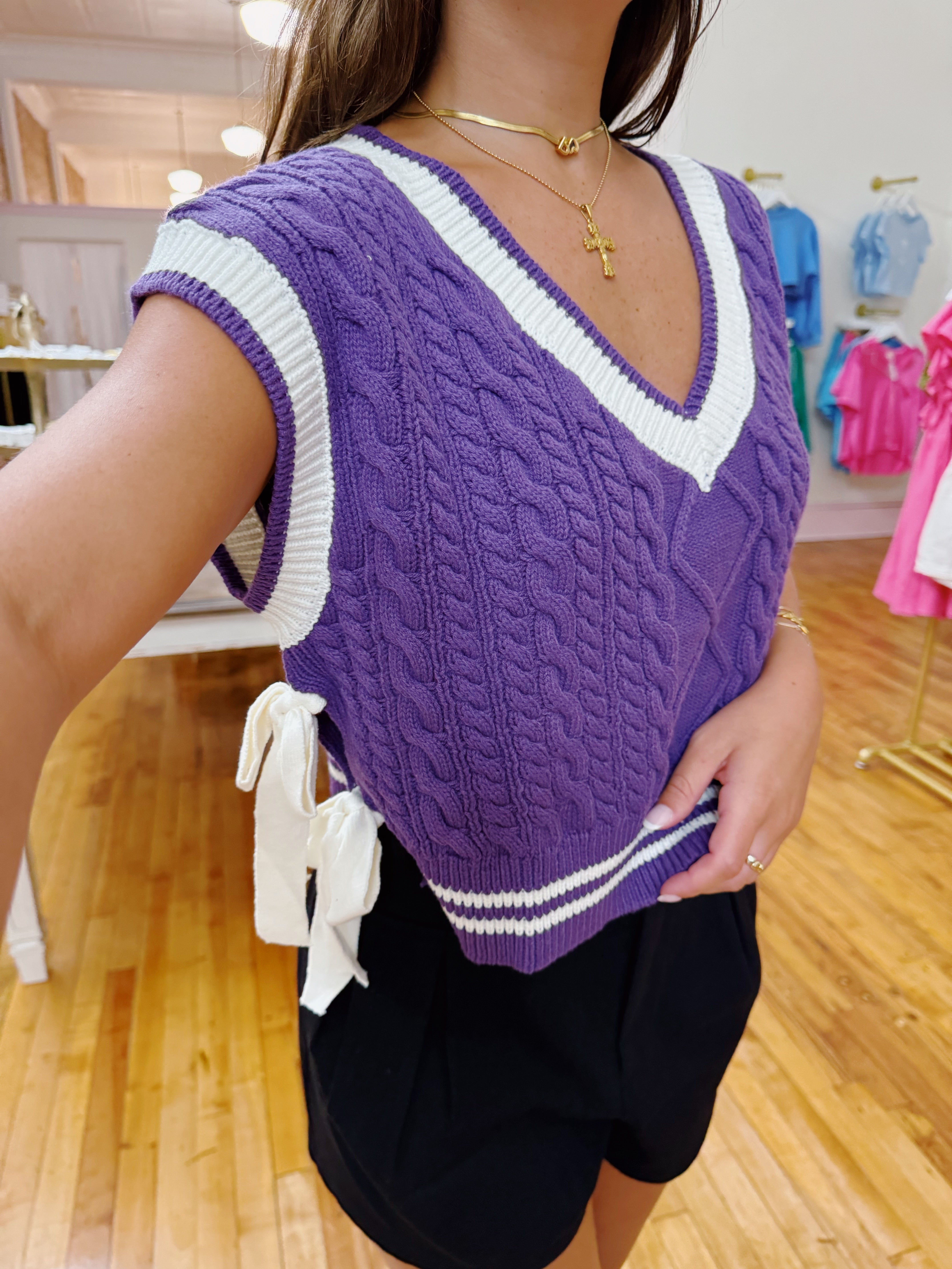 Game Over V Neck Sweater Vest - Purple & White