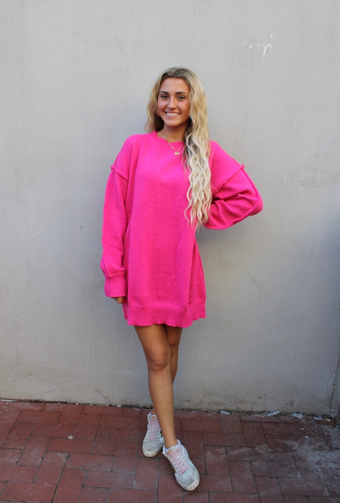 Blissful Nights Oversized Sweater Dress - Hot Pink