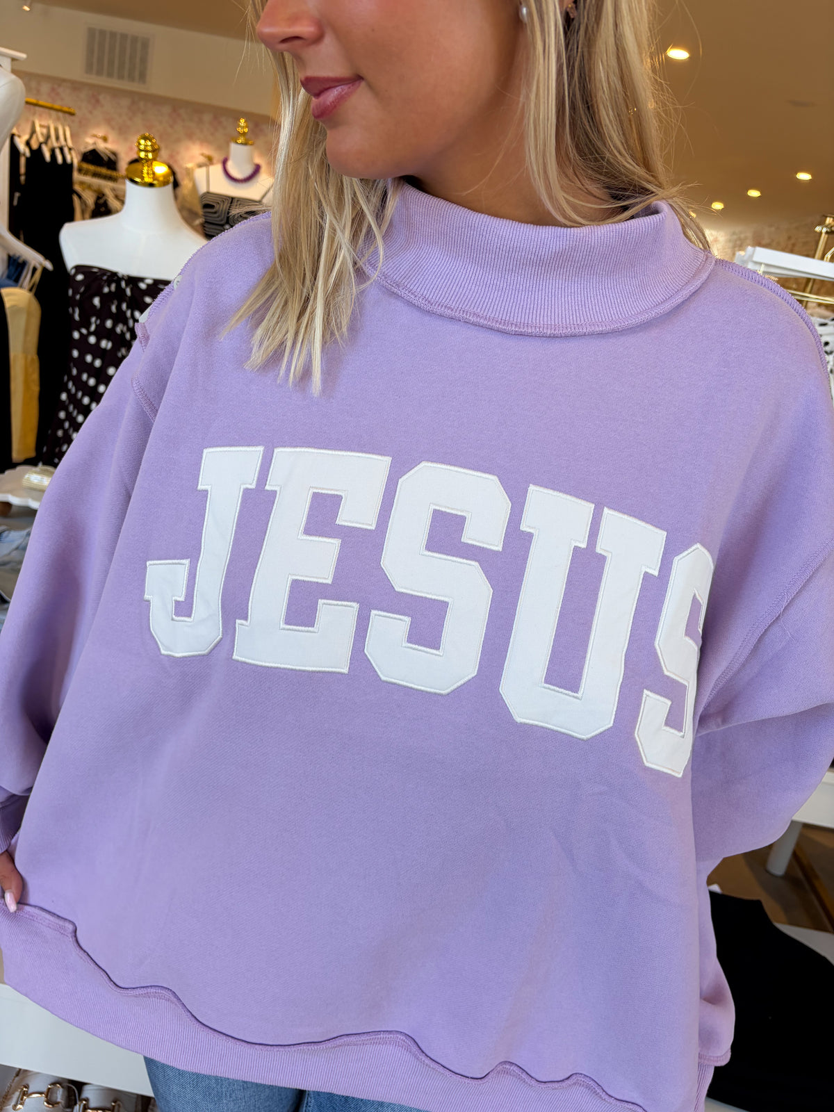 JESUS Embroidered Mockneck - Lavender