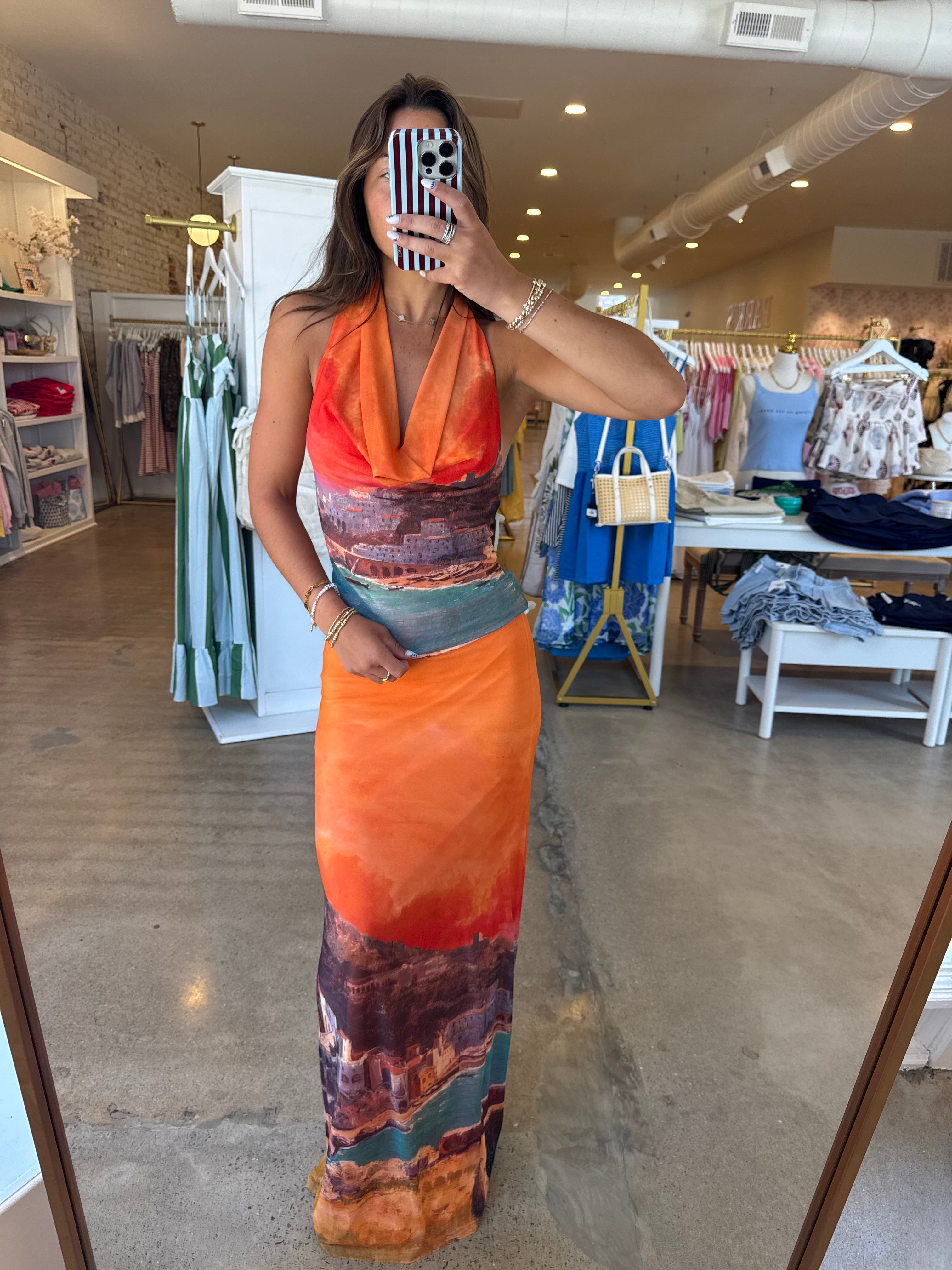 Soren Halter Top & Maxi Skirt Set - Orange Multi