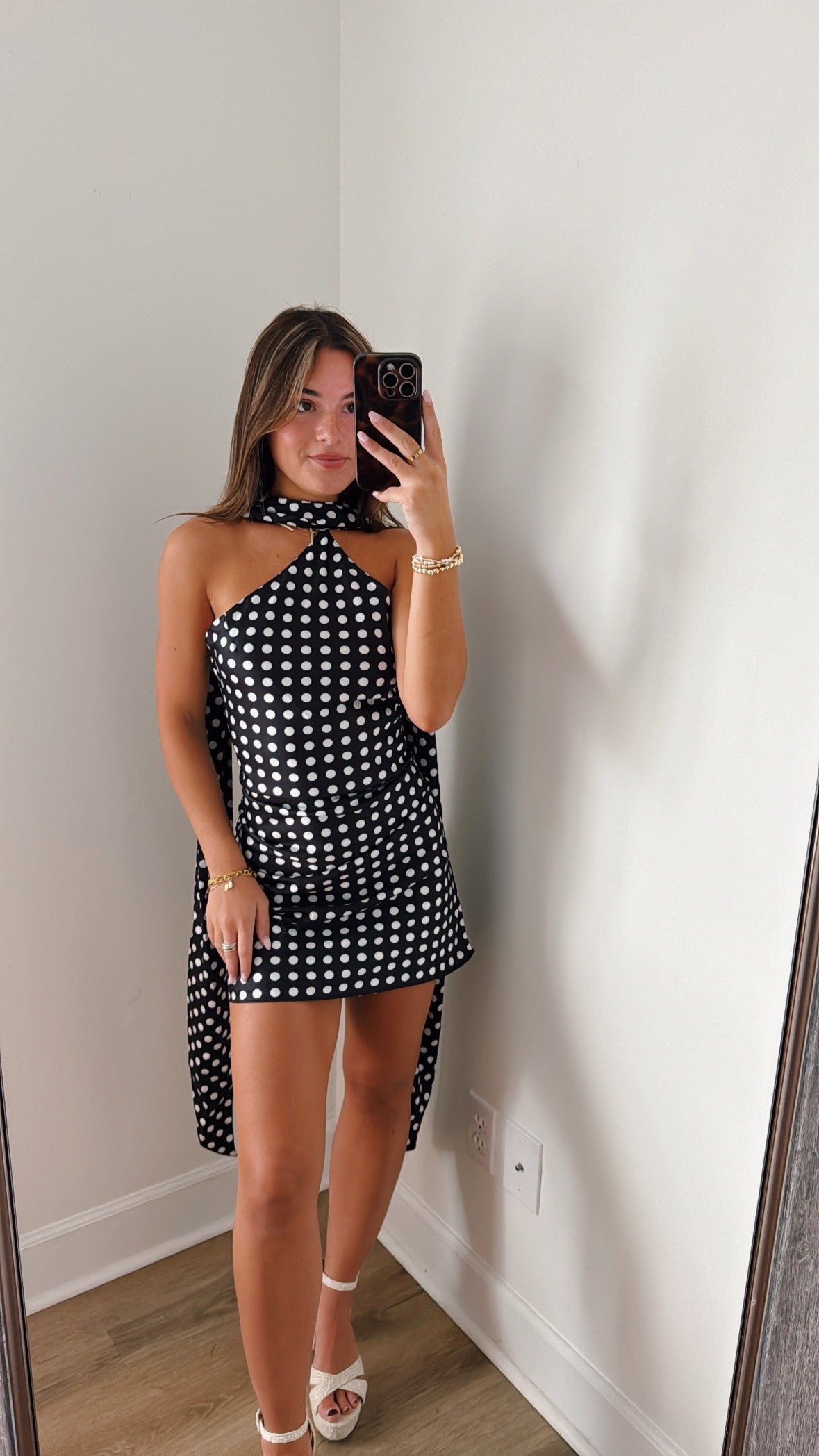 Crush Hour Satin Mini Dress with Scarf - Black Polka Dot