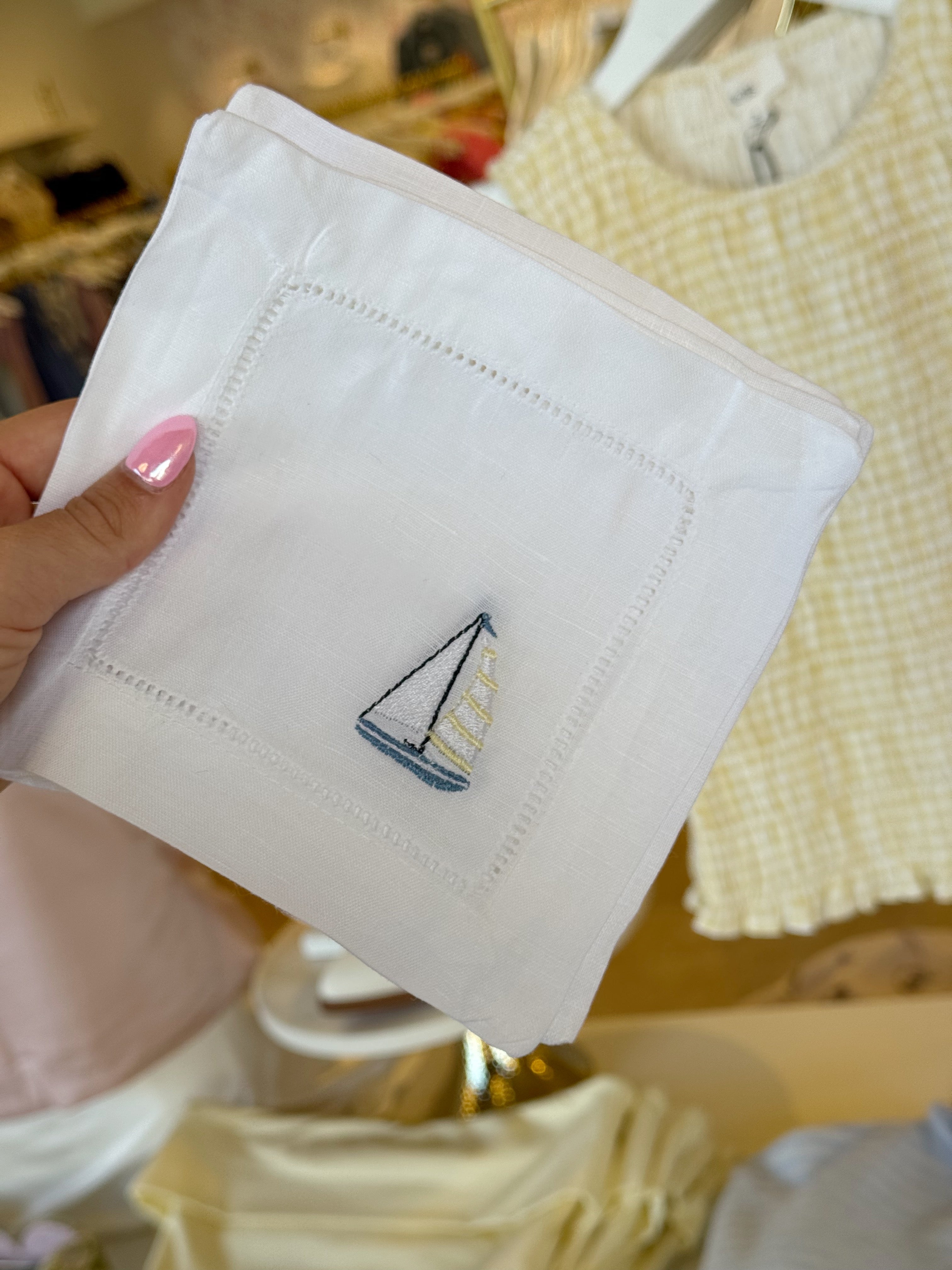 Embroidered Linen Cocktail Napkins SAILBOAT - 4 pack
