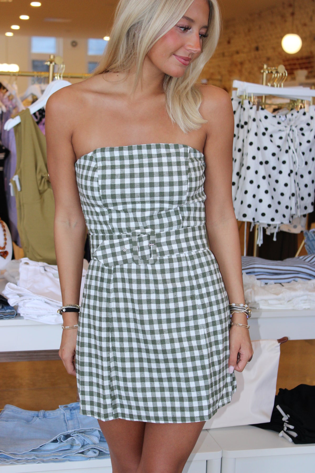 Olive You Gingham Belted Romper - Green