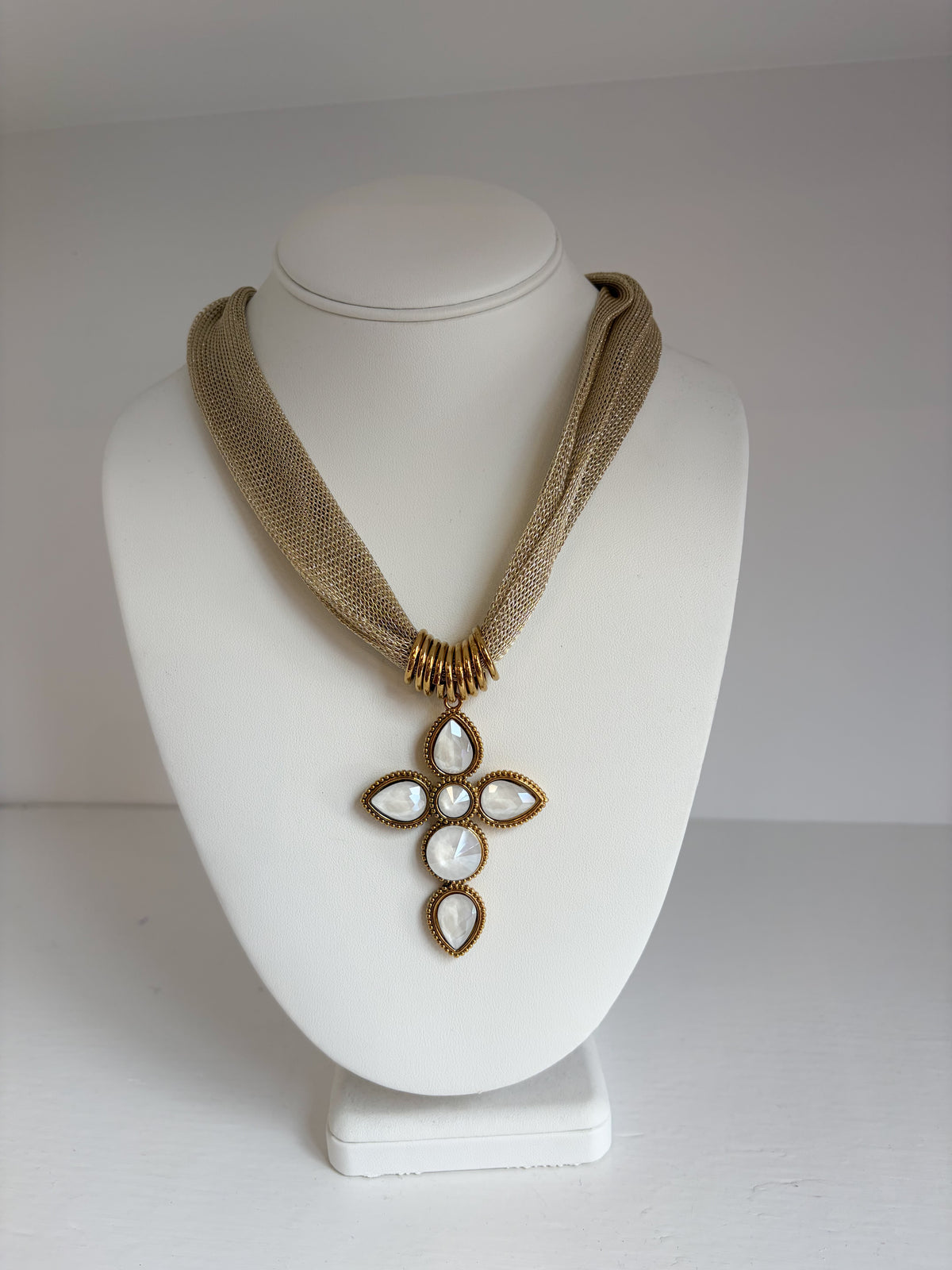 Jeweled Cross Statement Mesh Necklace - Ivory Gold