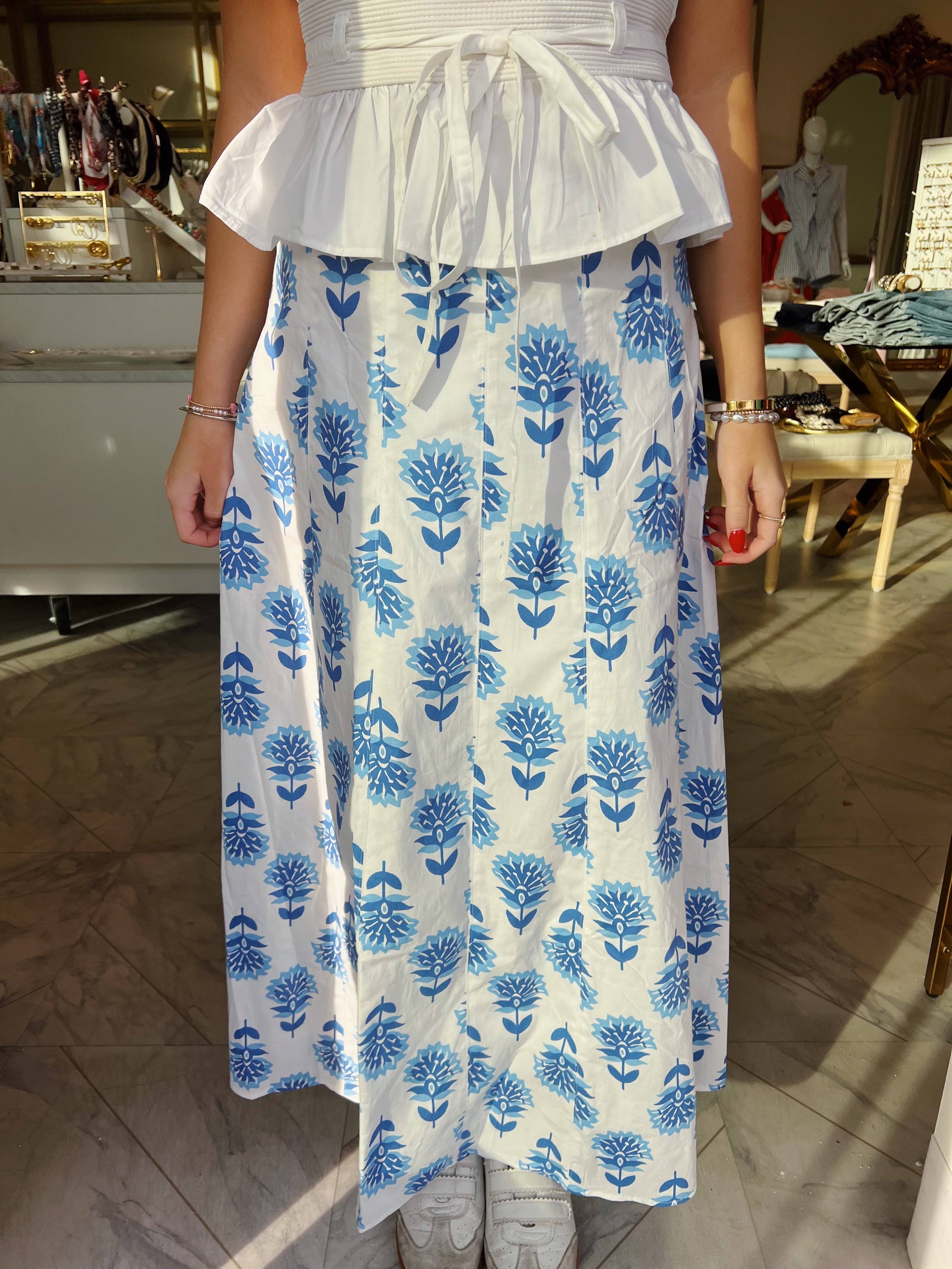 Southern Charm Midi Skirt - Blue & White