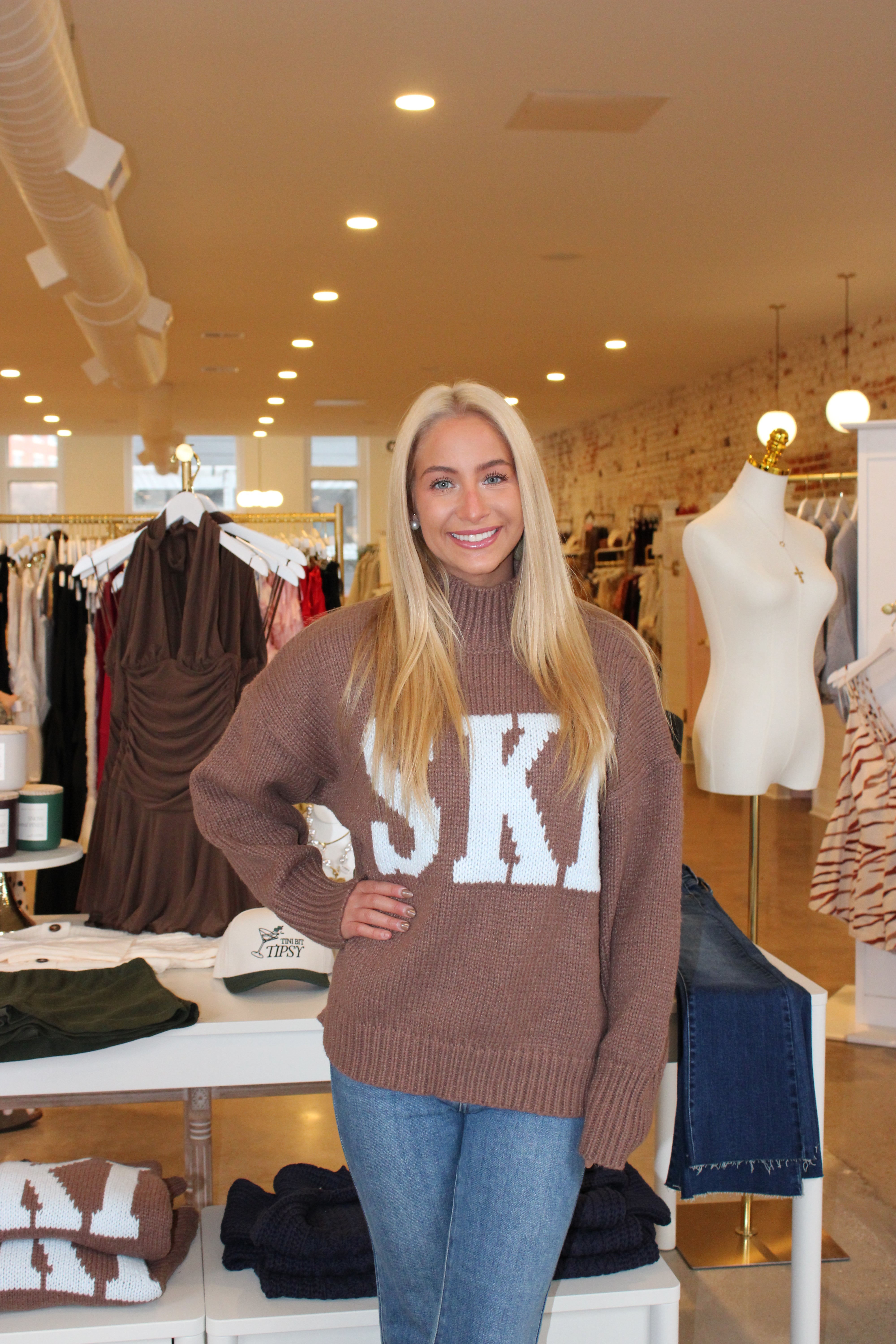 SKI Oversized Sweater - Brown & Baby Blue