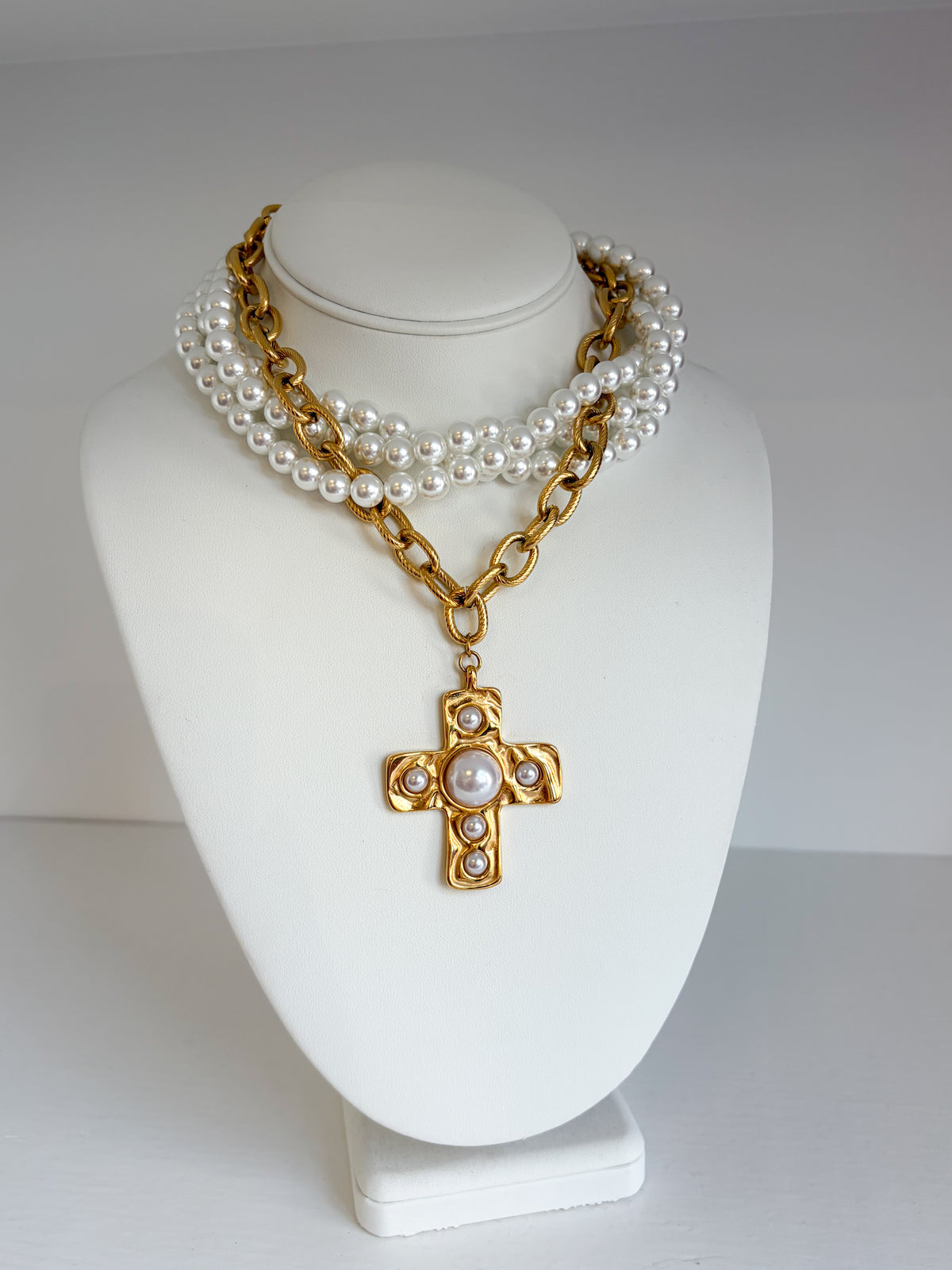 Destine Layered Pearl Gold Cross Necklace