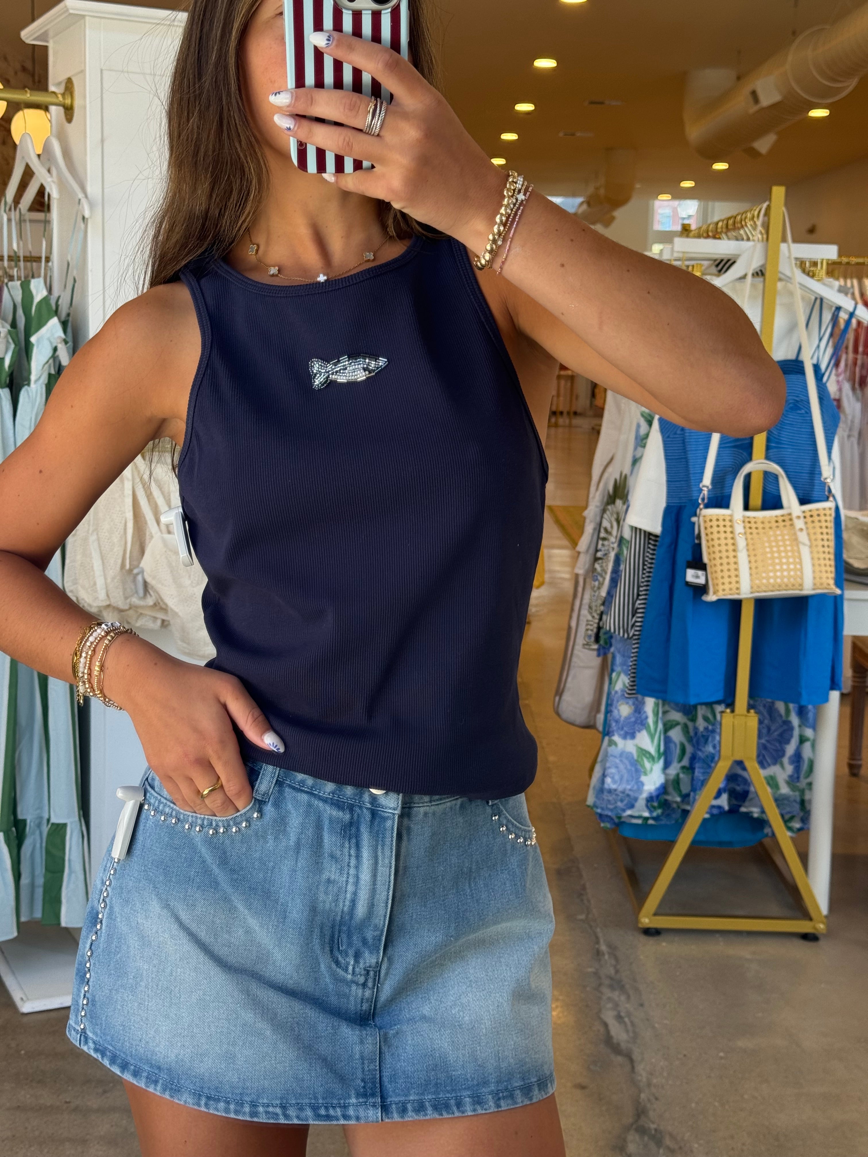 Beaded Fish Ribbed Tank - Navy
