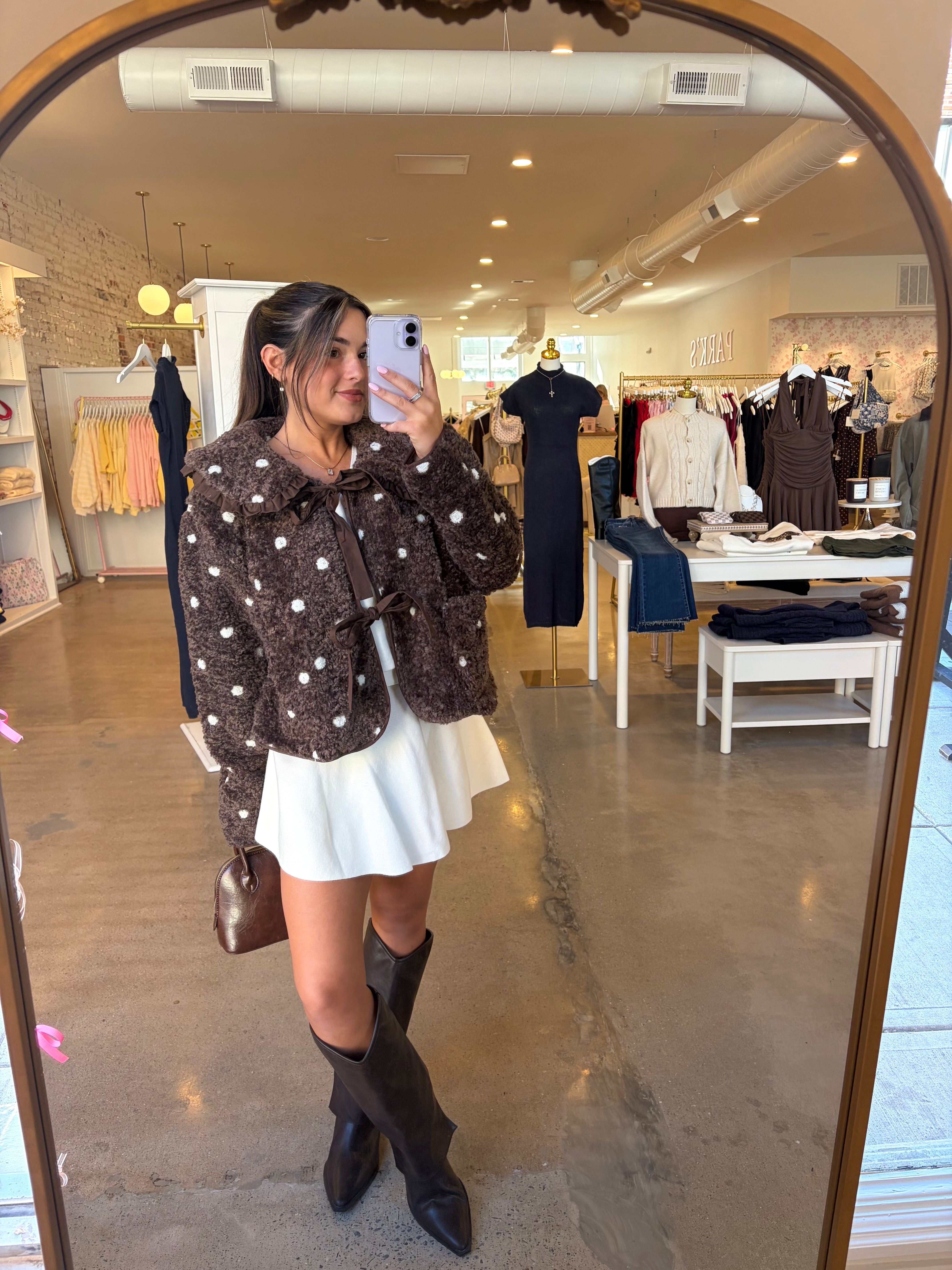 Jane Sherpa Jacket With Front Ties - Brown Dot