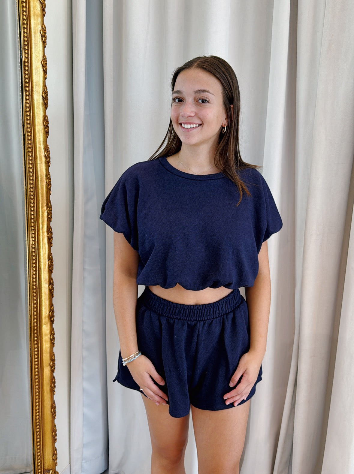 Lucy Bubble Hem Top & Shorts Set - Navy