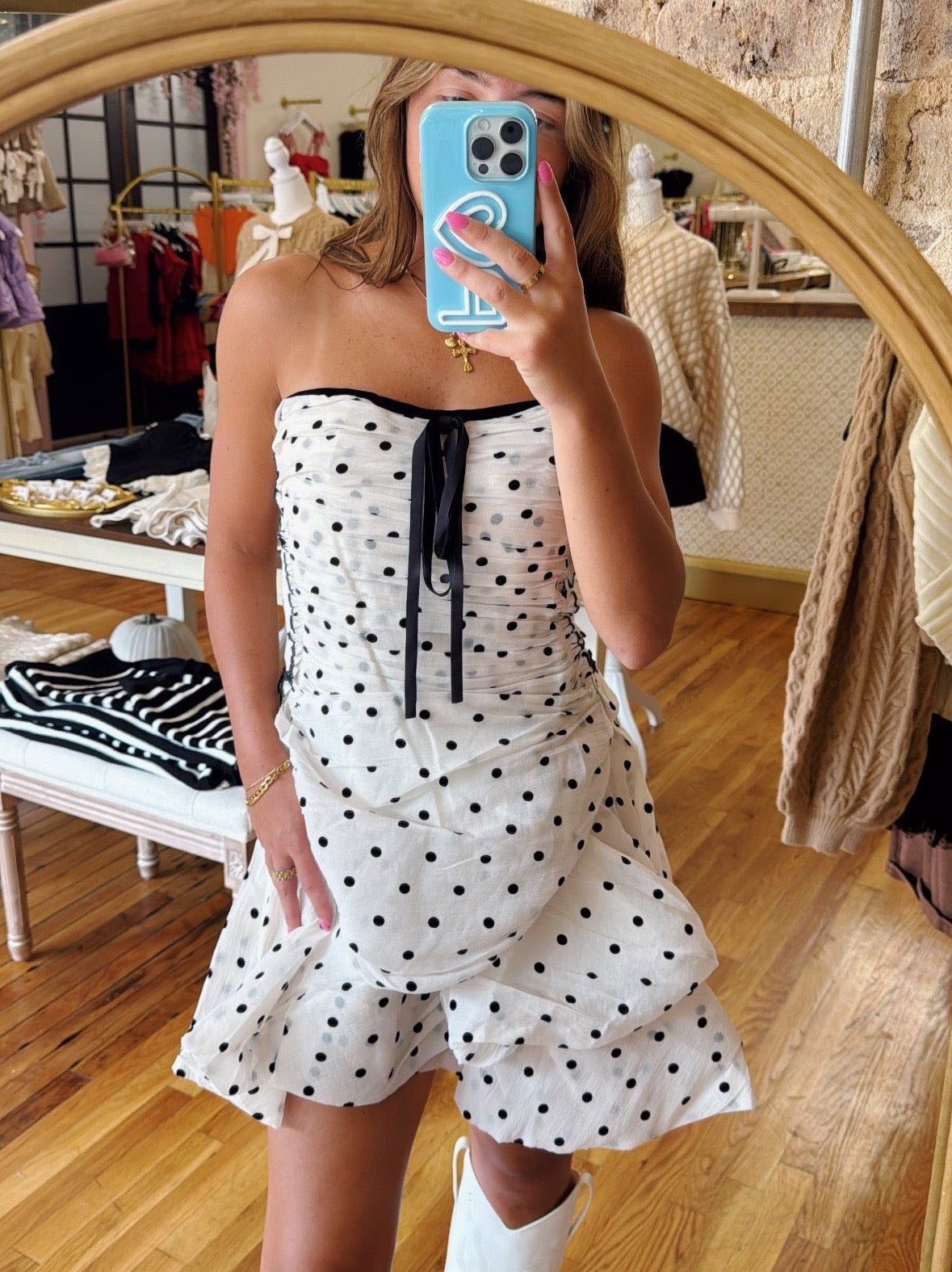 Bella Mini Dress - Off White Polka Dot