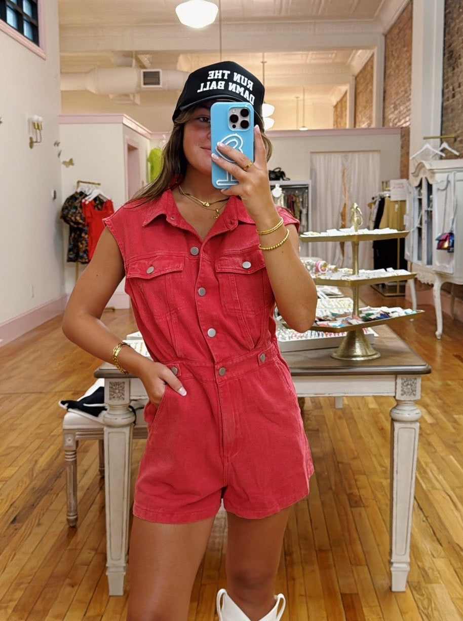 Without You Sleeveless Denim Romper - Red