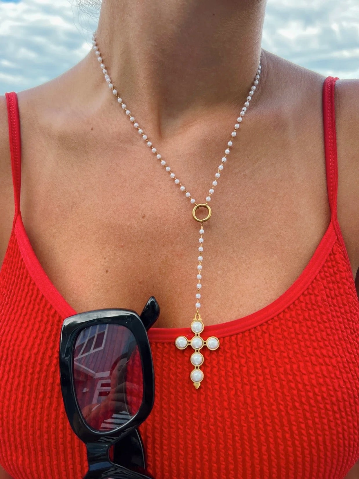 Lariat Pearl Cross Necklace - Water Resistant - Tarnish Free