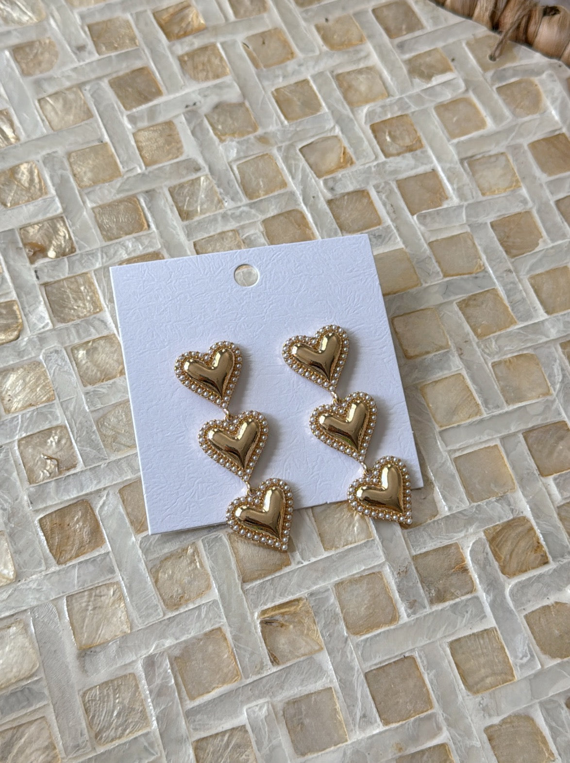 Triple Heart Earrings - Gold & Pearl