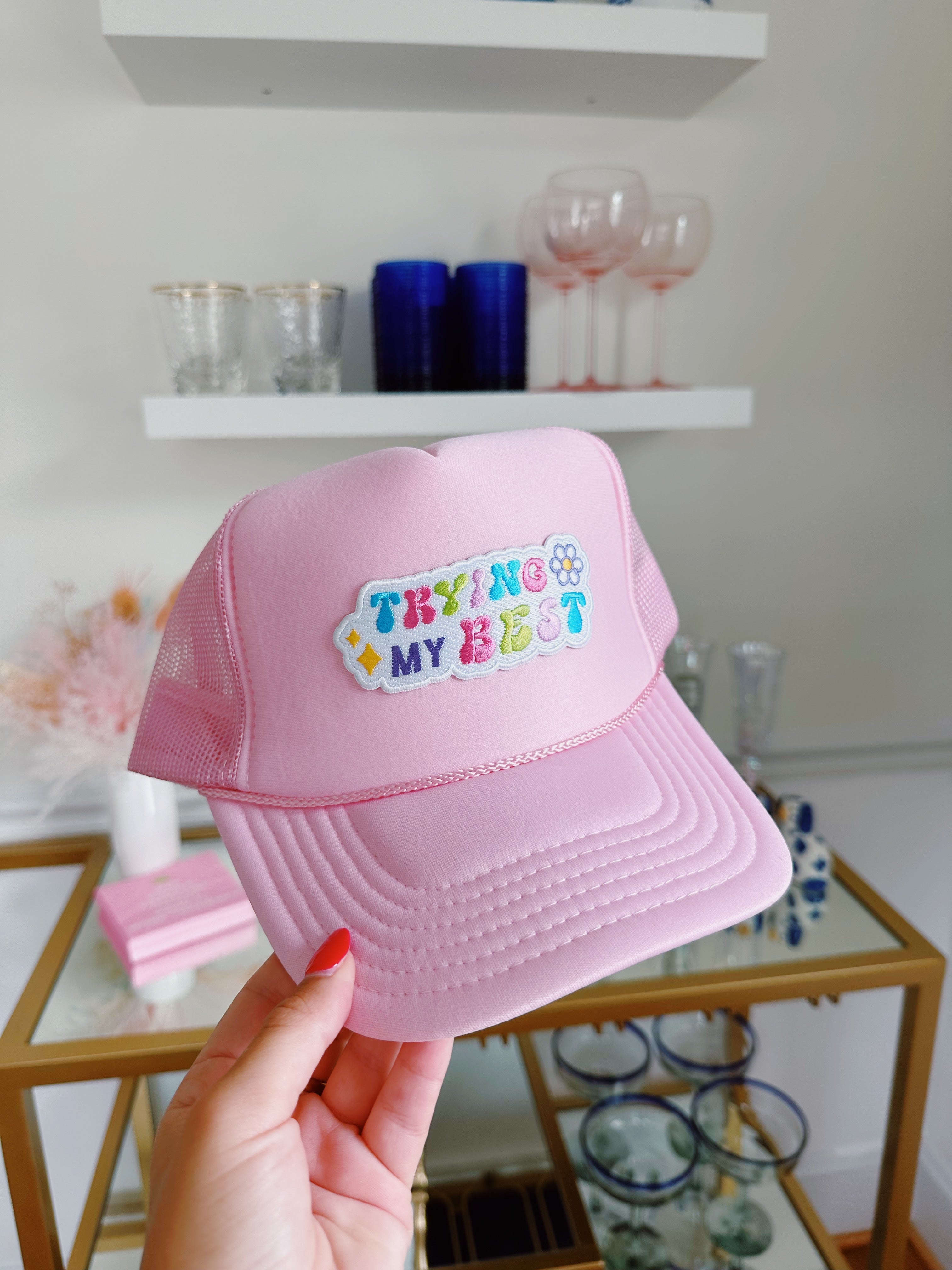 Trying My Best Embroidered Trucker Hat - Pink