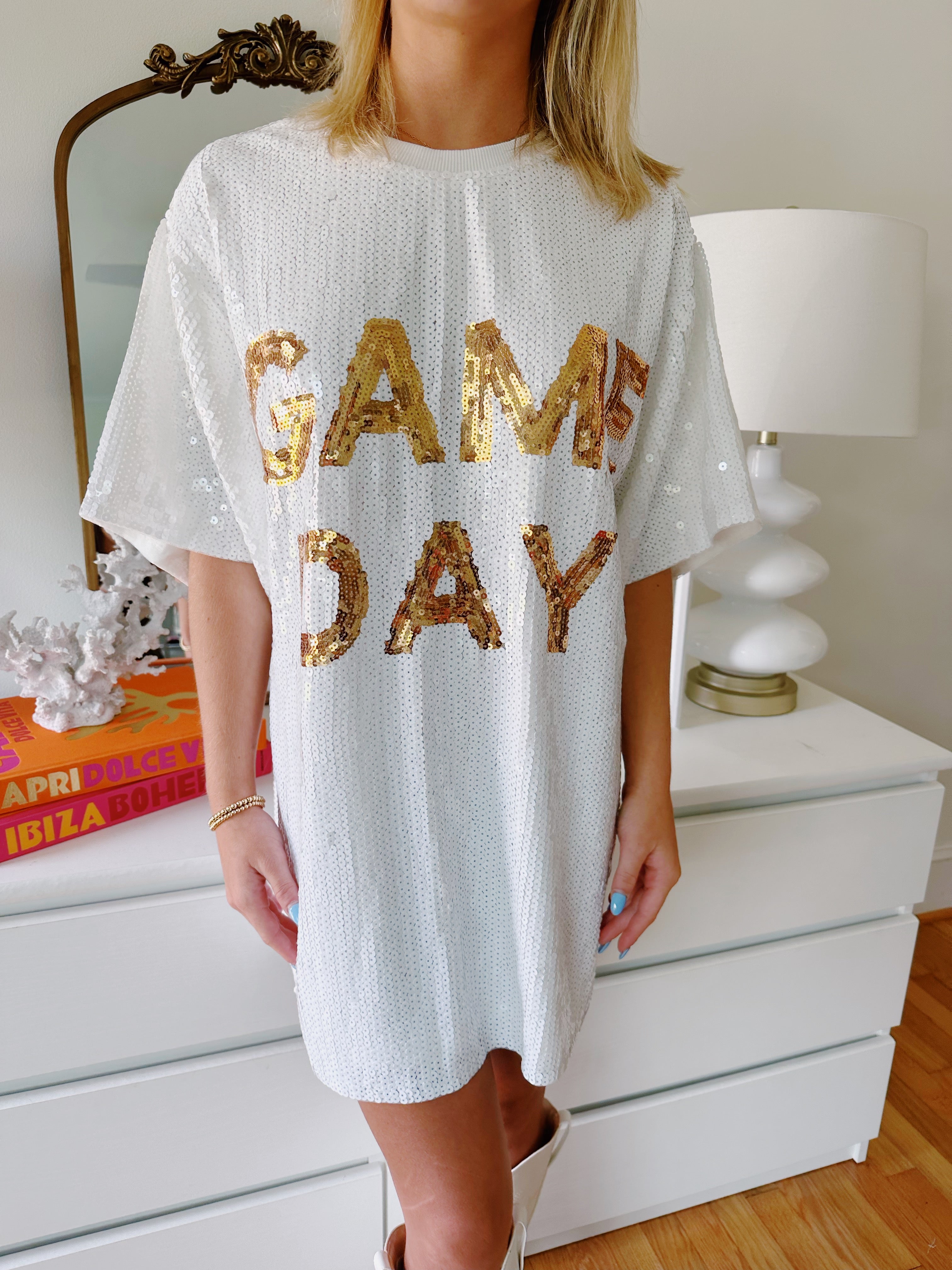 Game Day Dress - White & Gold Sequin