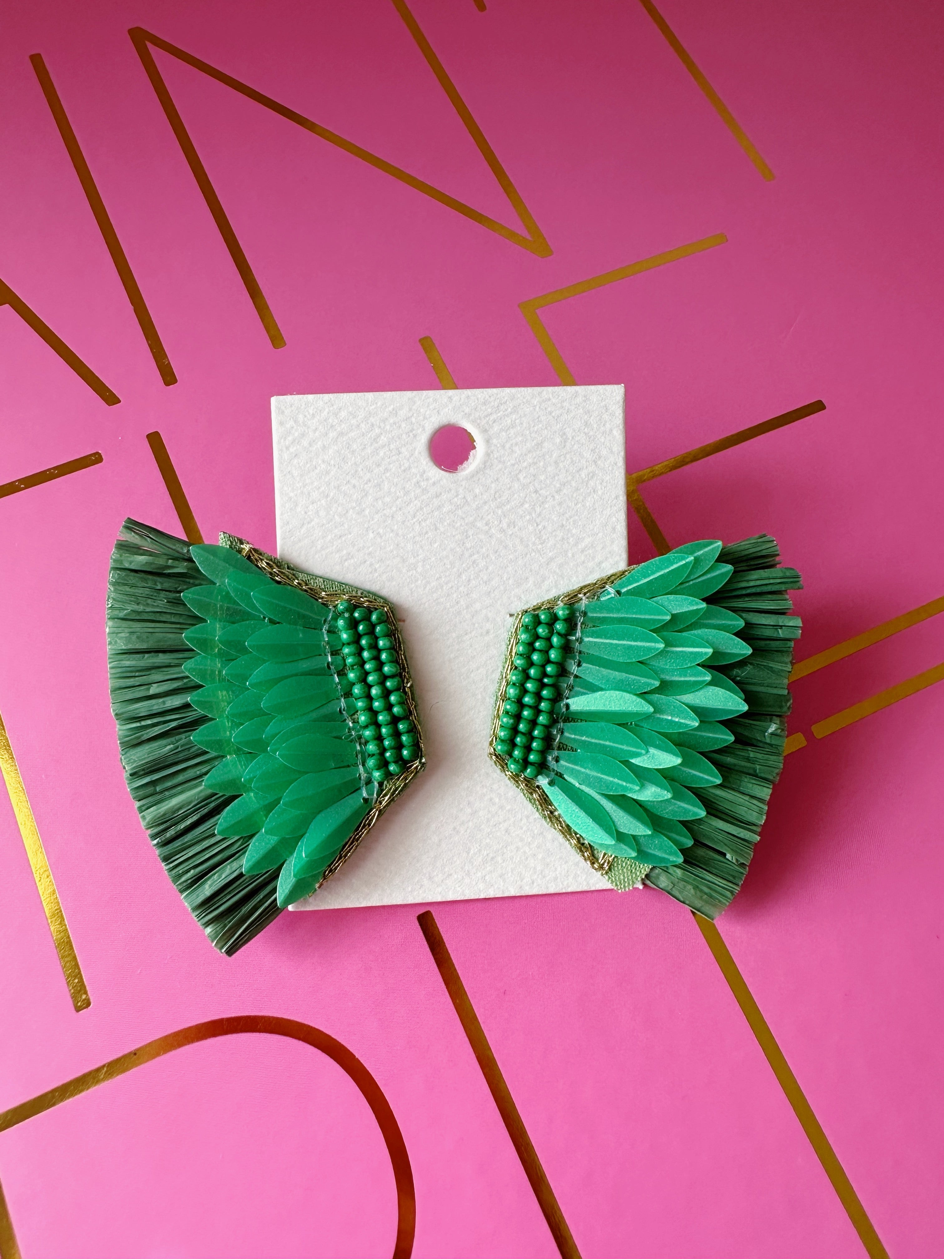 Straw Wing Earrings - Green