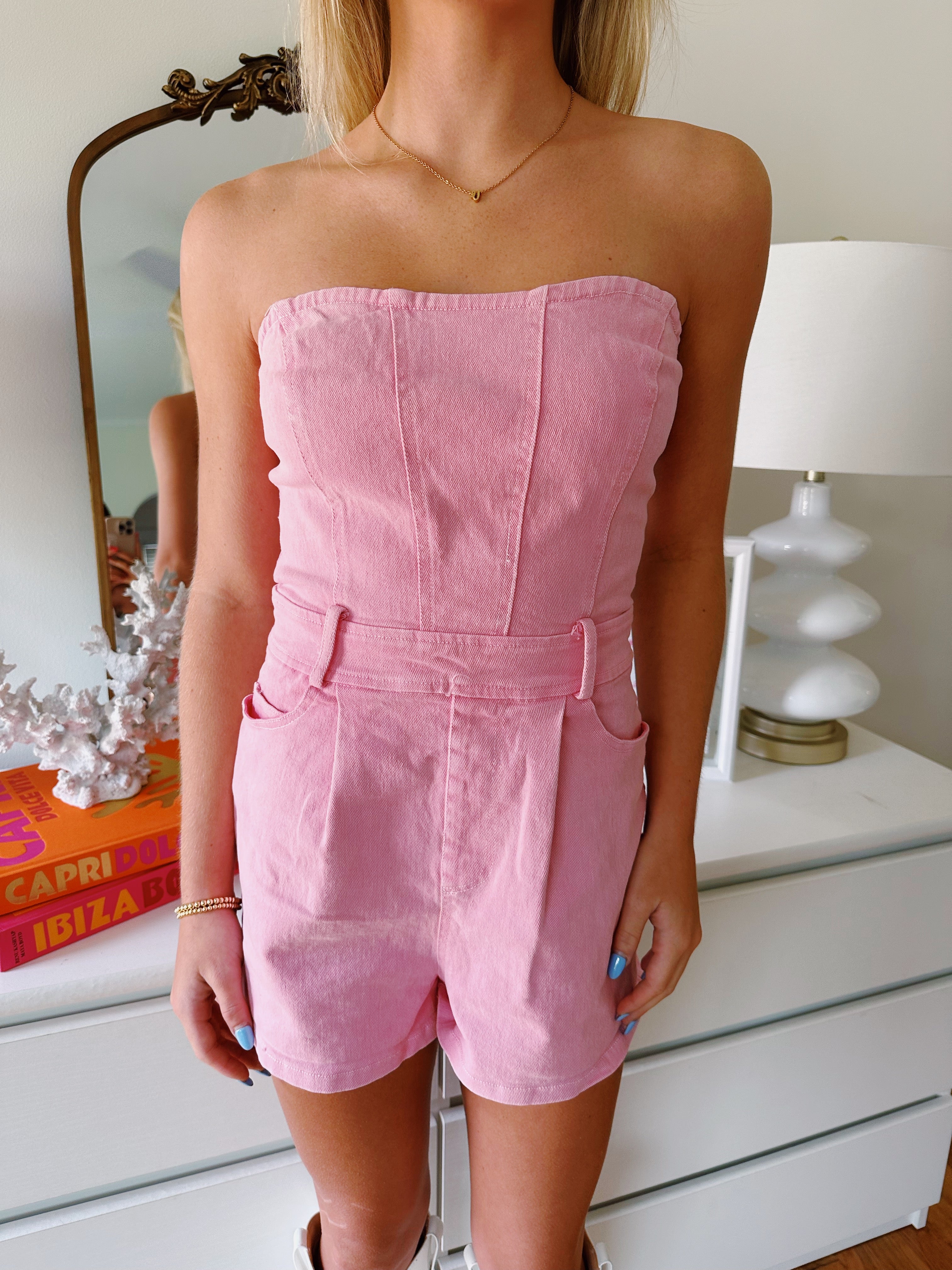 In With The New Denim Romper - Pink