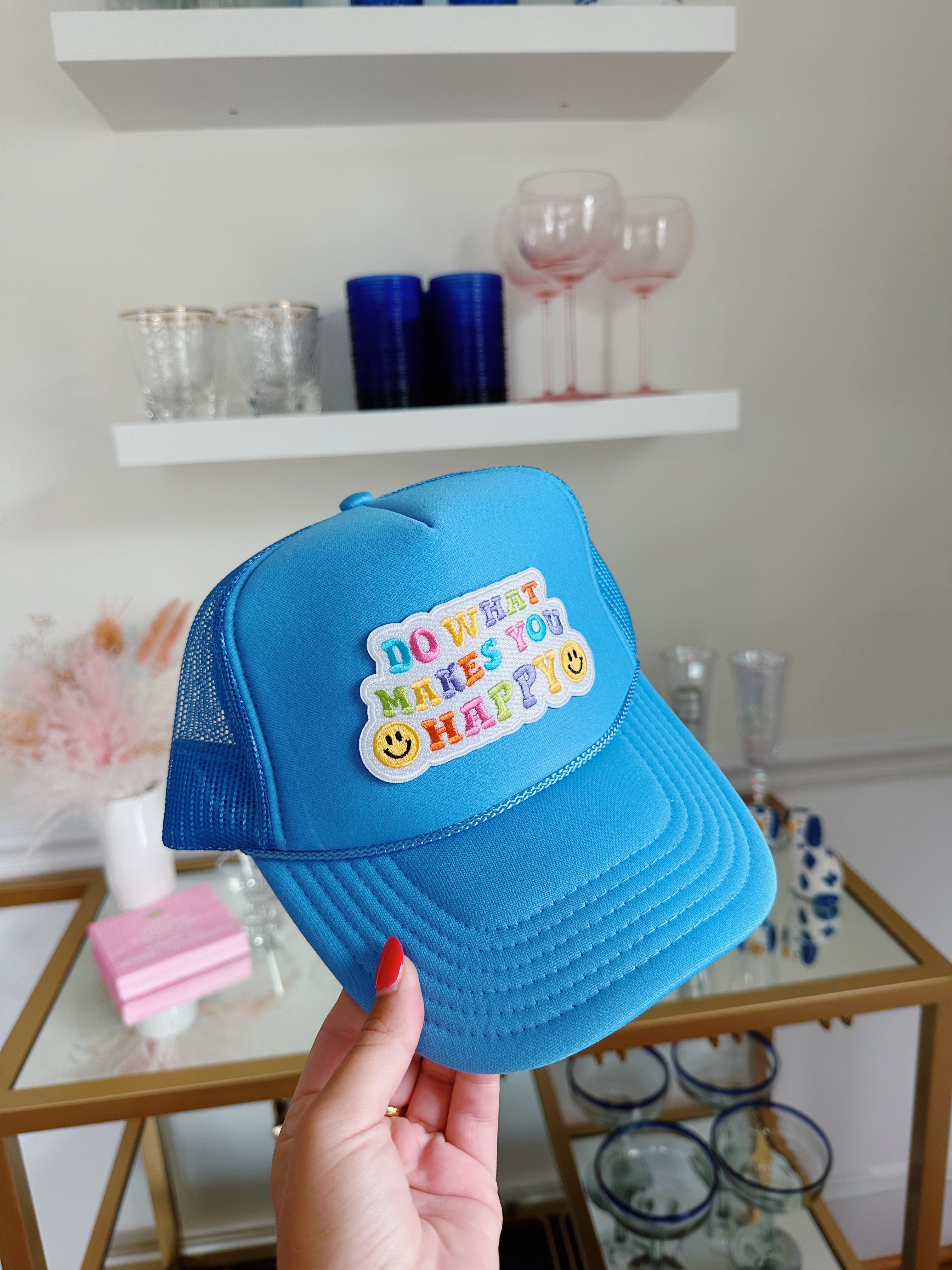 Embroidered Do What Makes You Happy Trucker Hat - Light Blue