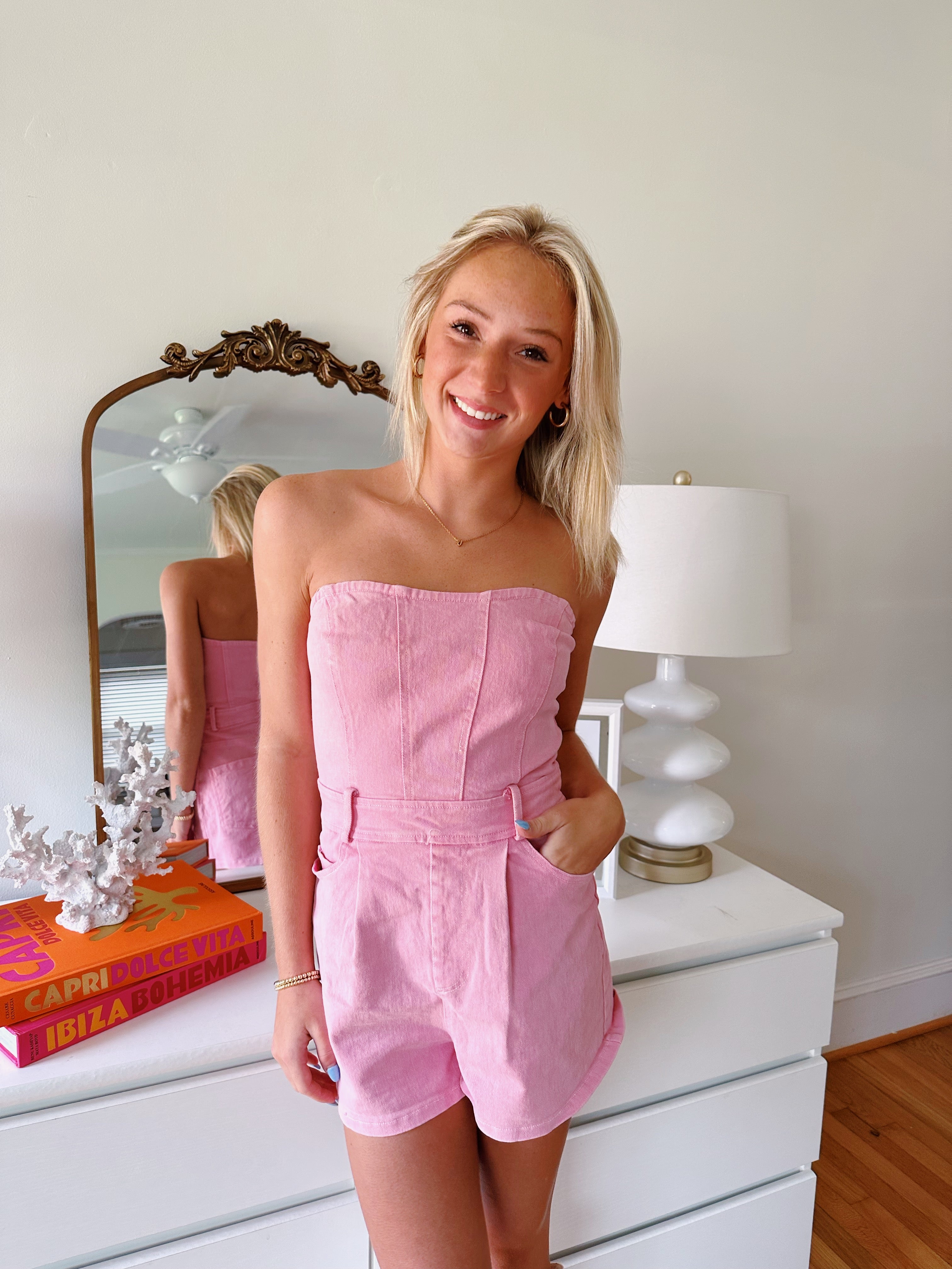 In With The New Denim Romper - Pink