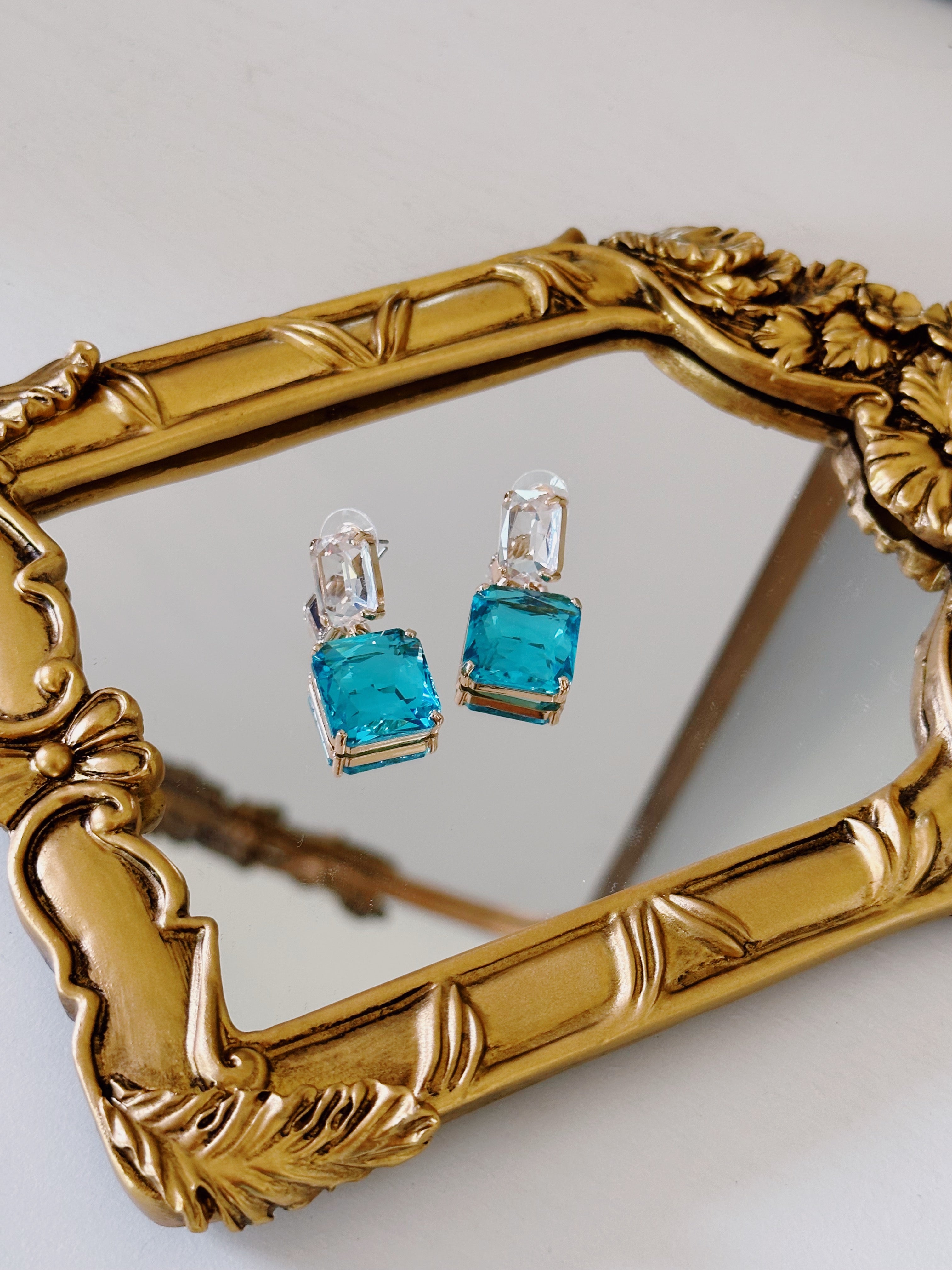 Square Jeweled Earrings - Blue