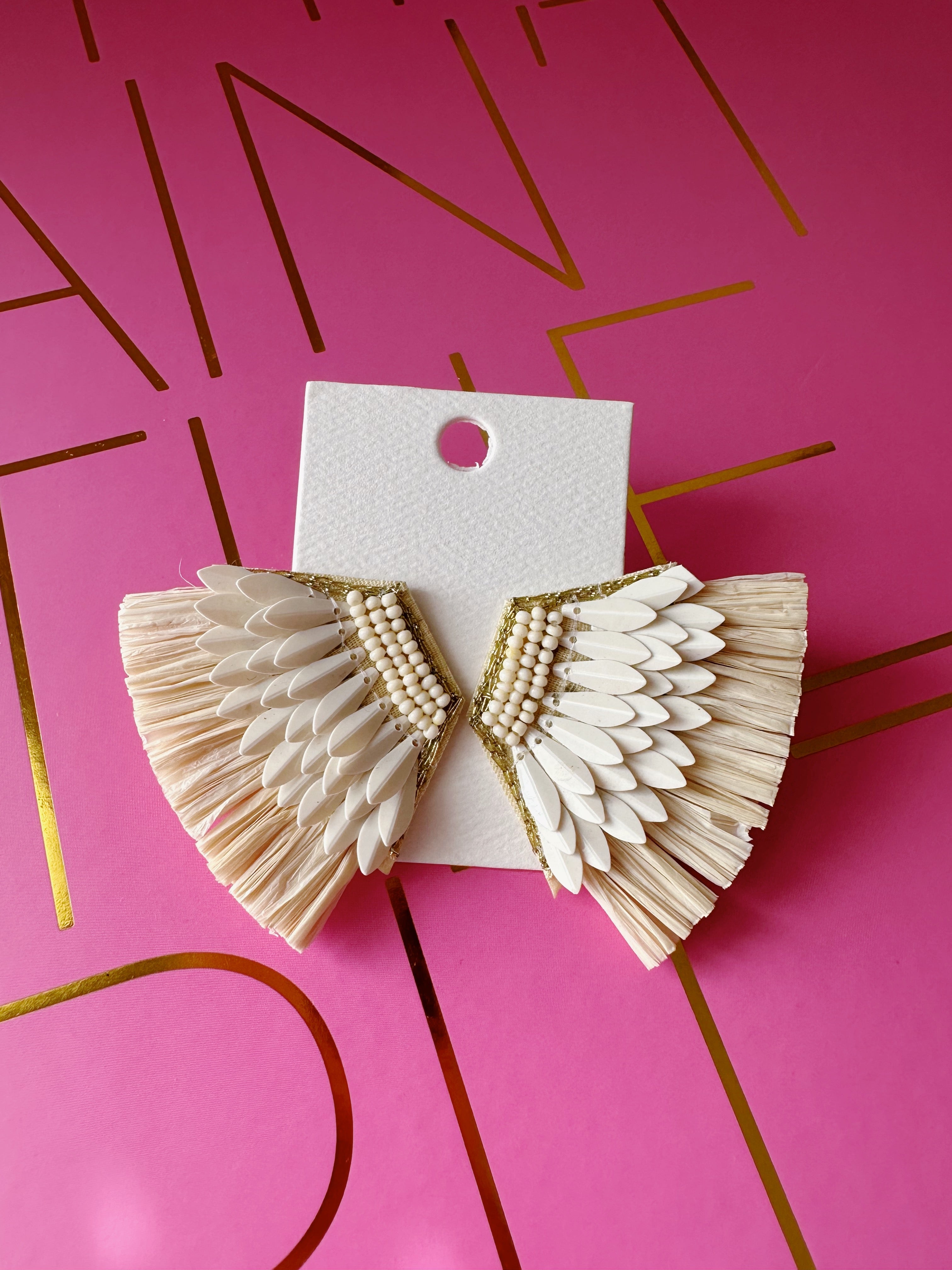 Straw Wing Earrings - White