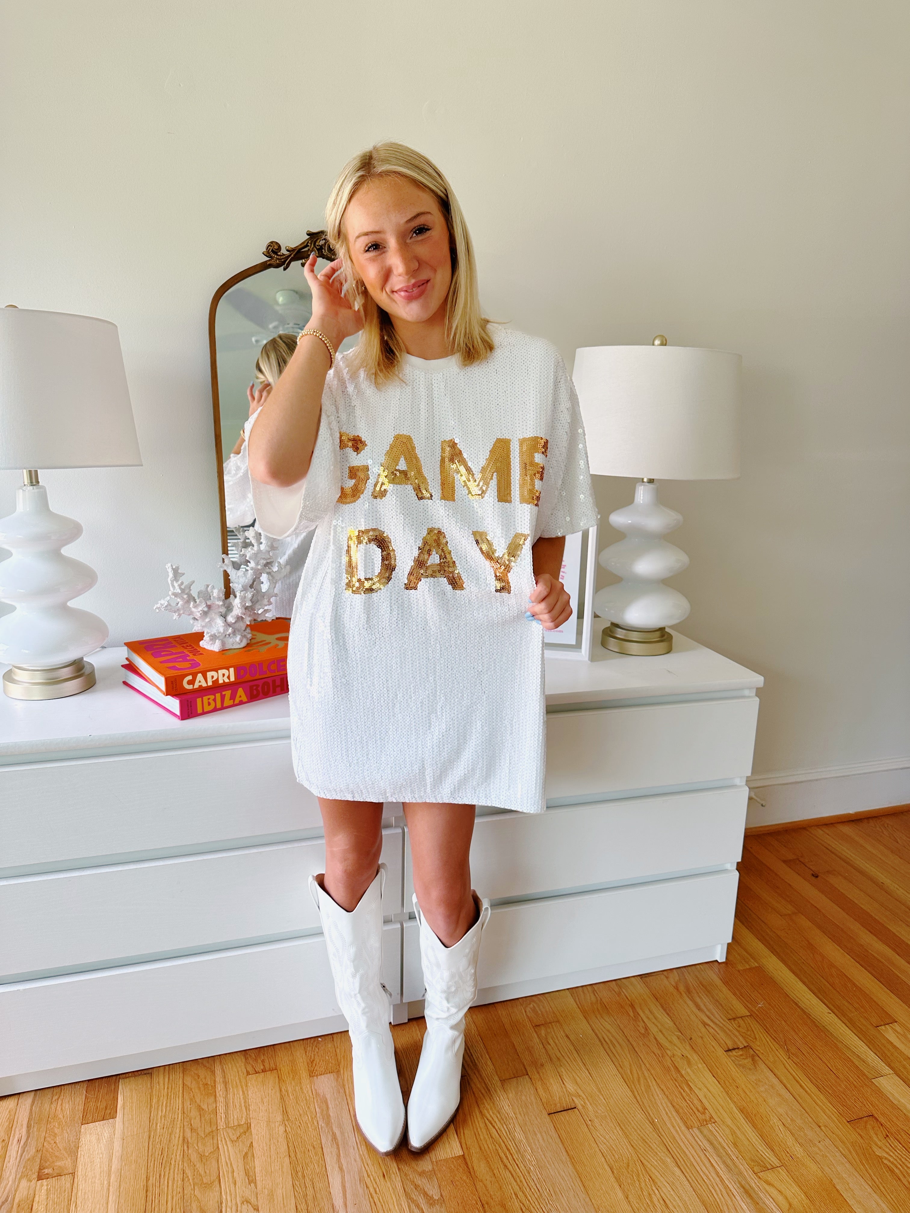 Game Day Dress - White & Gold Sequin