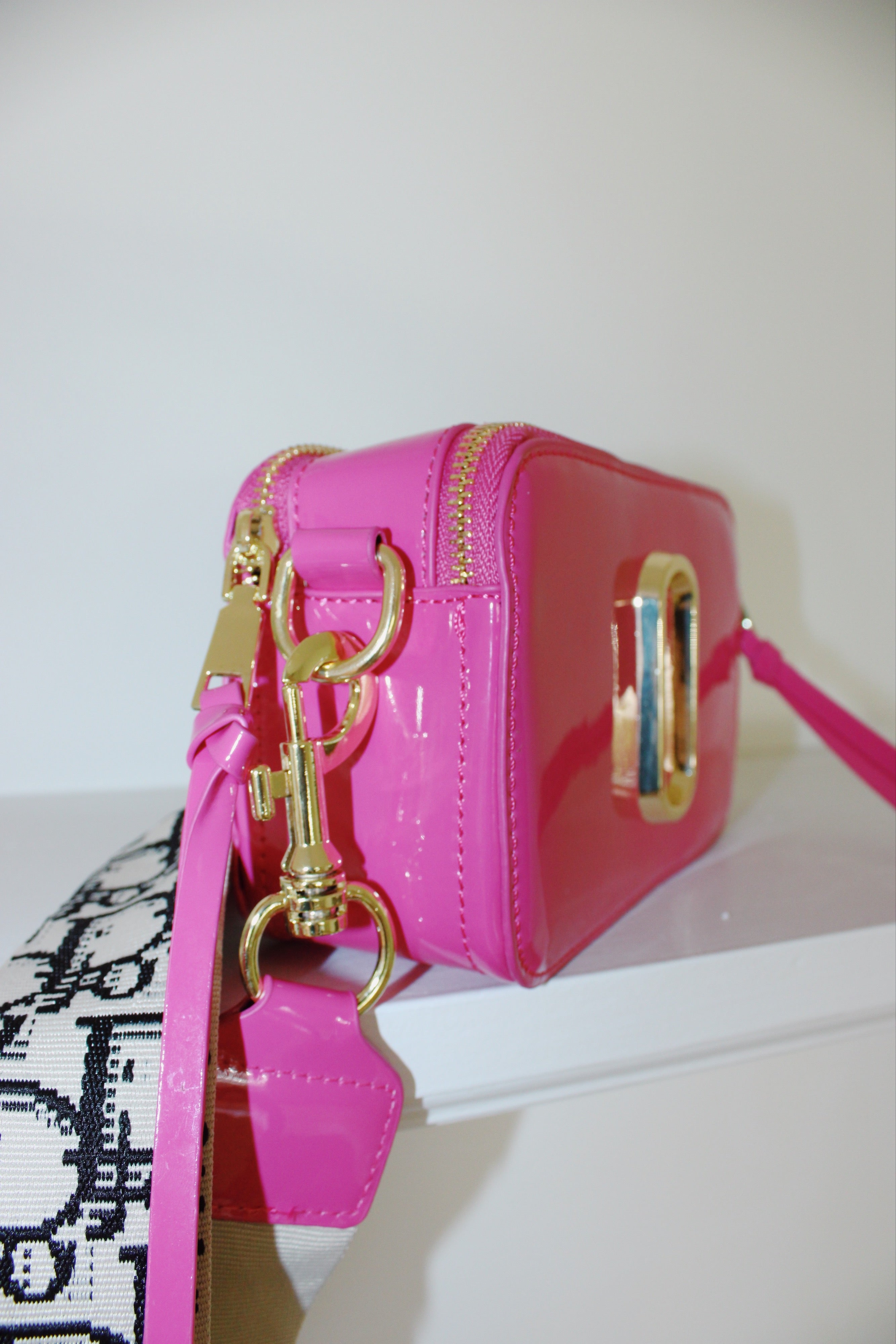 Glossy Bag - Designer Strap - Hot Pink & Light Pink