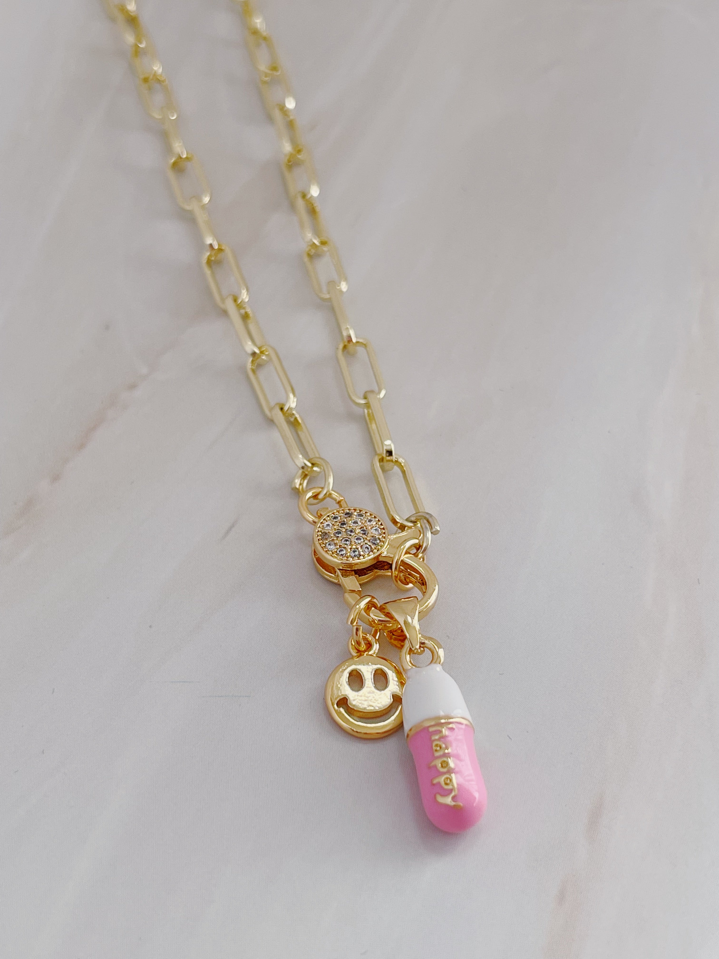 happy pill cluster charm necklace