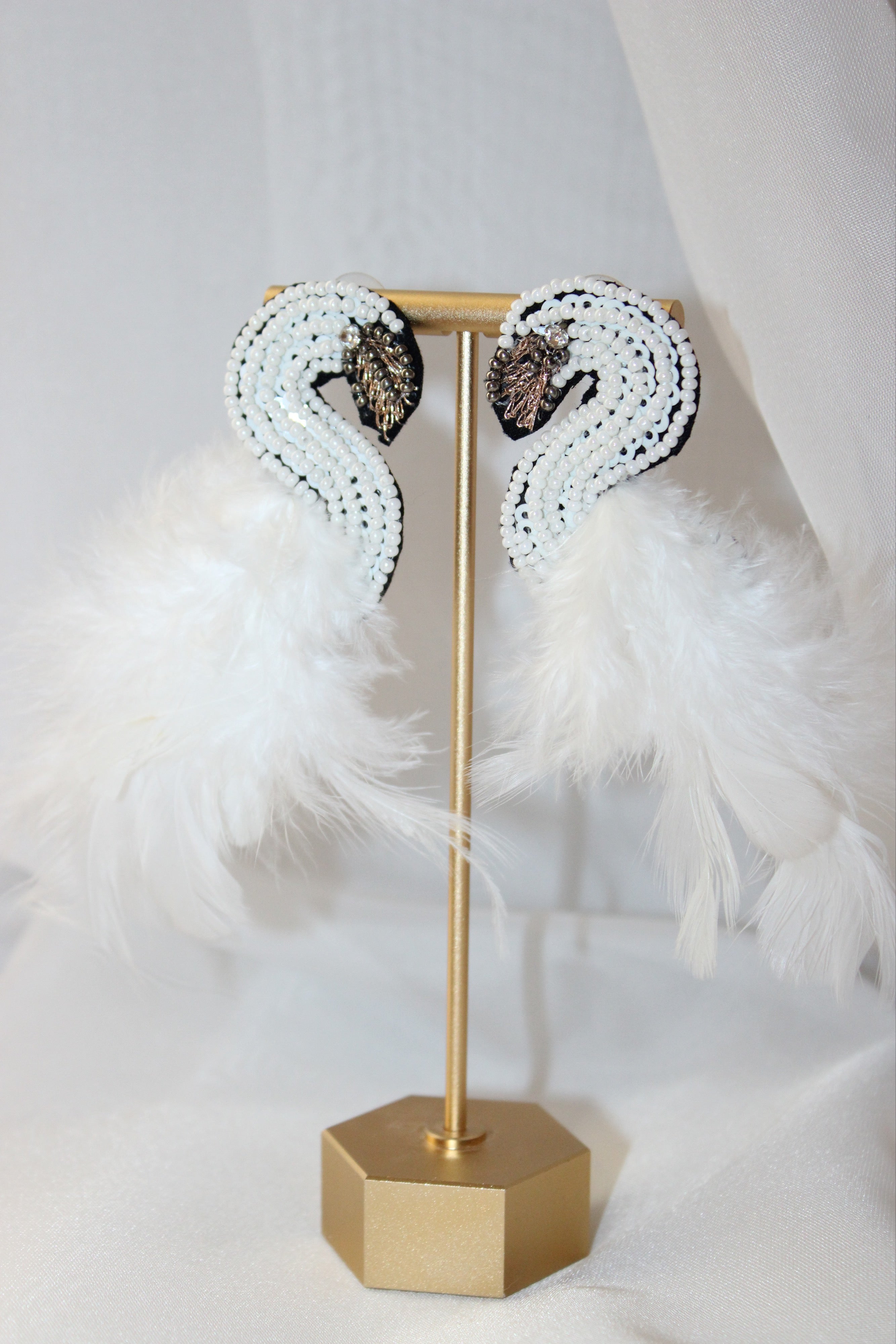 White Pearl Feathered Bird Earrings