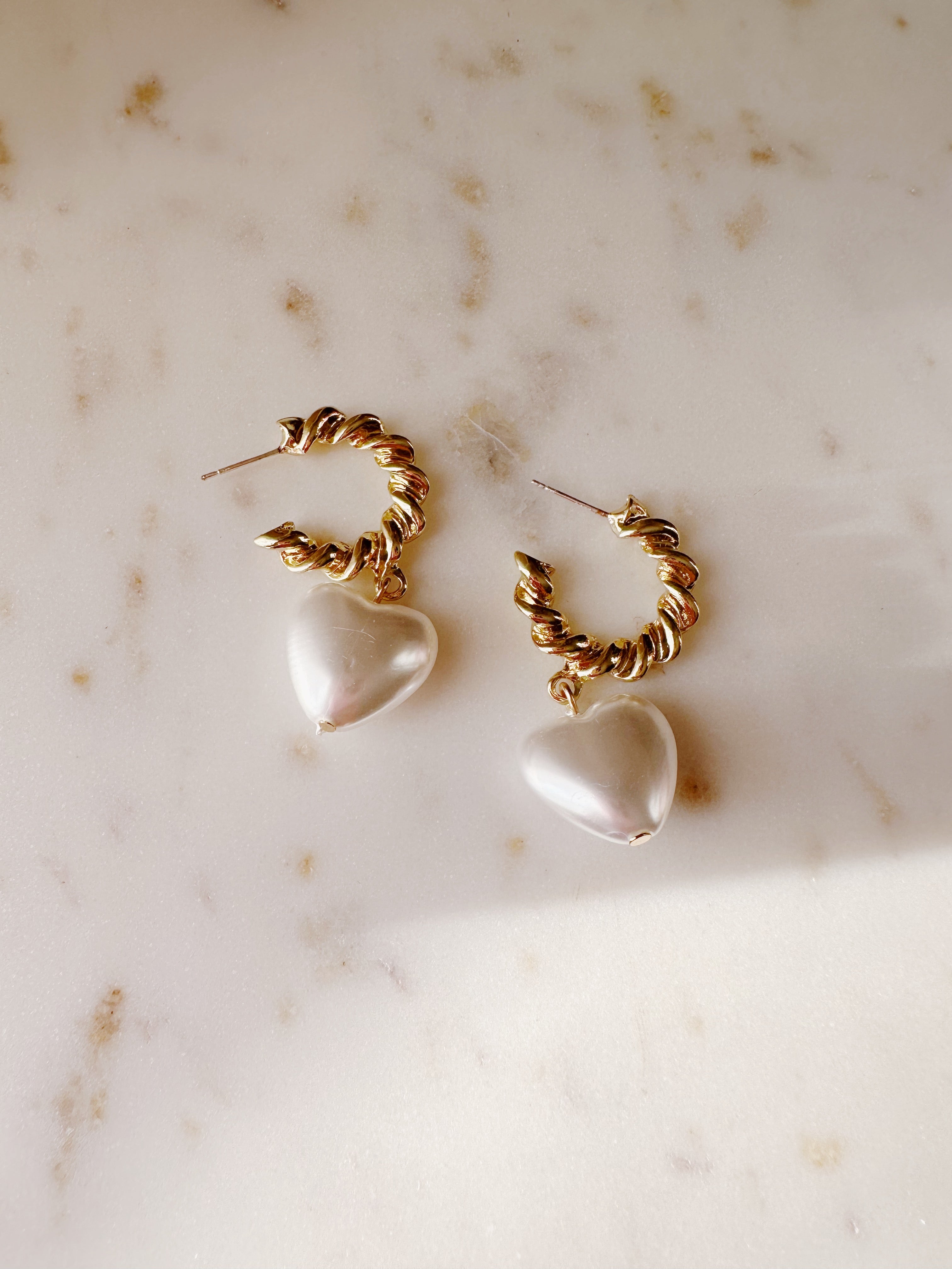 Heart Drop Earrings - Pearl